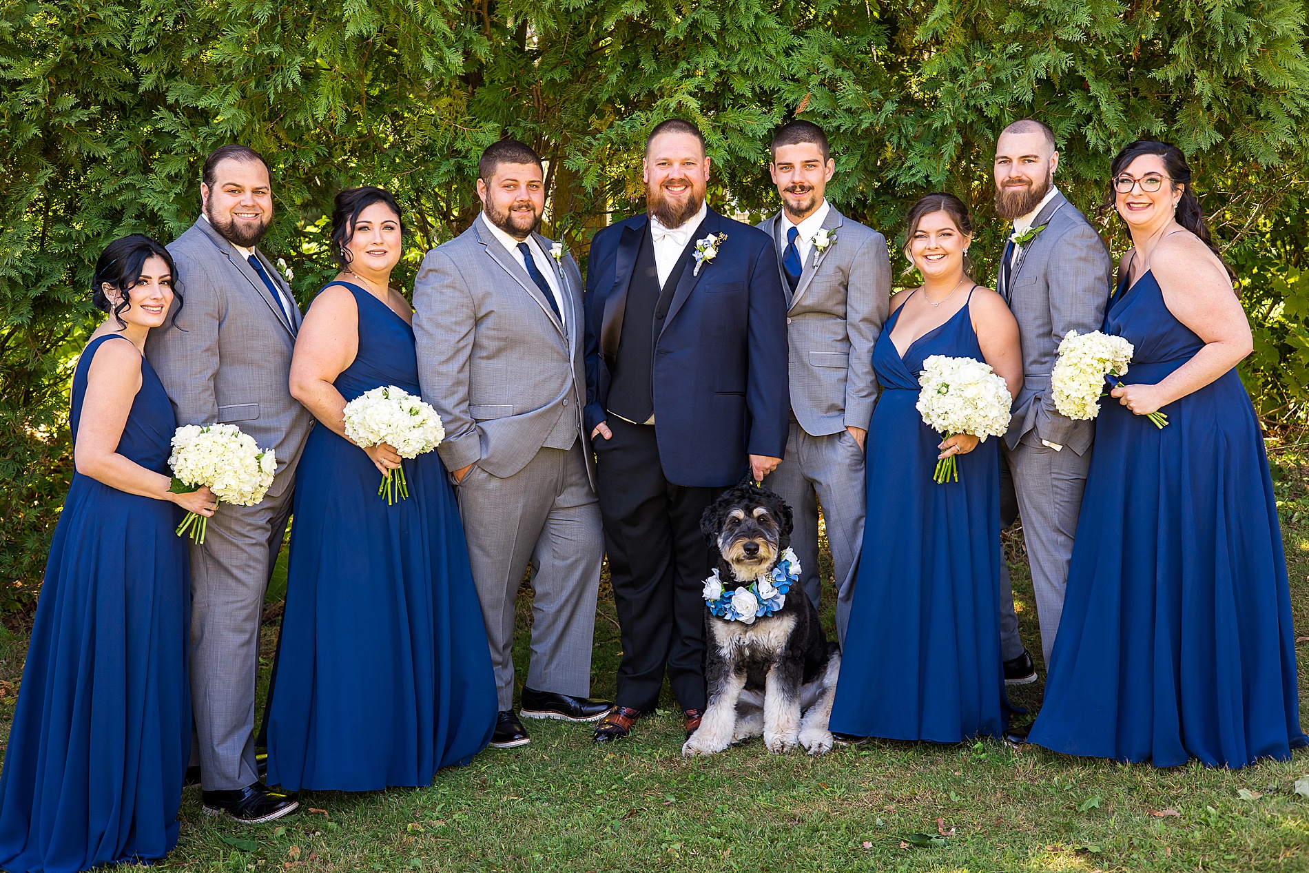 bridal party in navy and gray