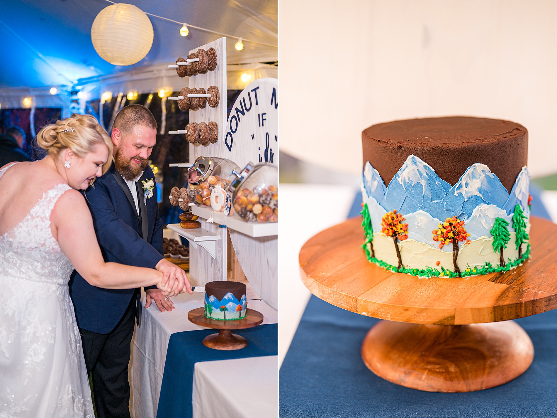 couple cut into fall themed wedding cake