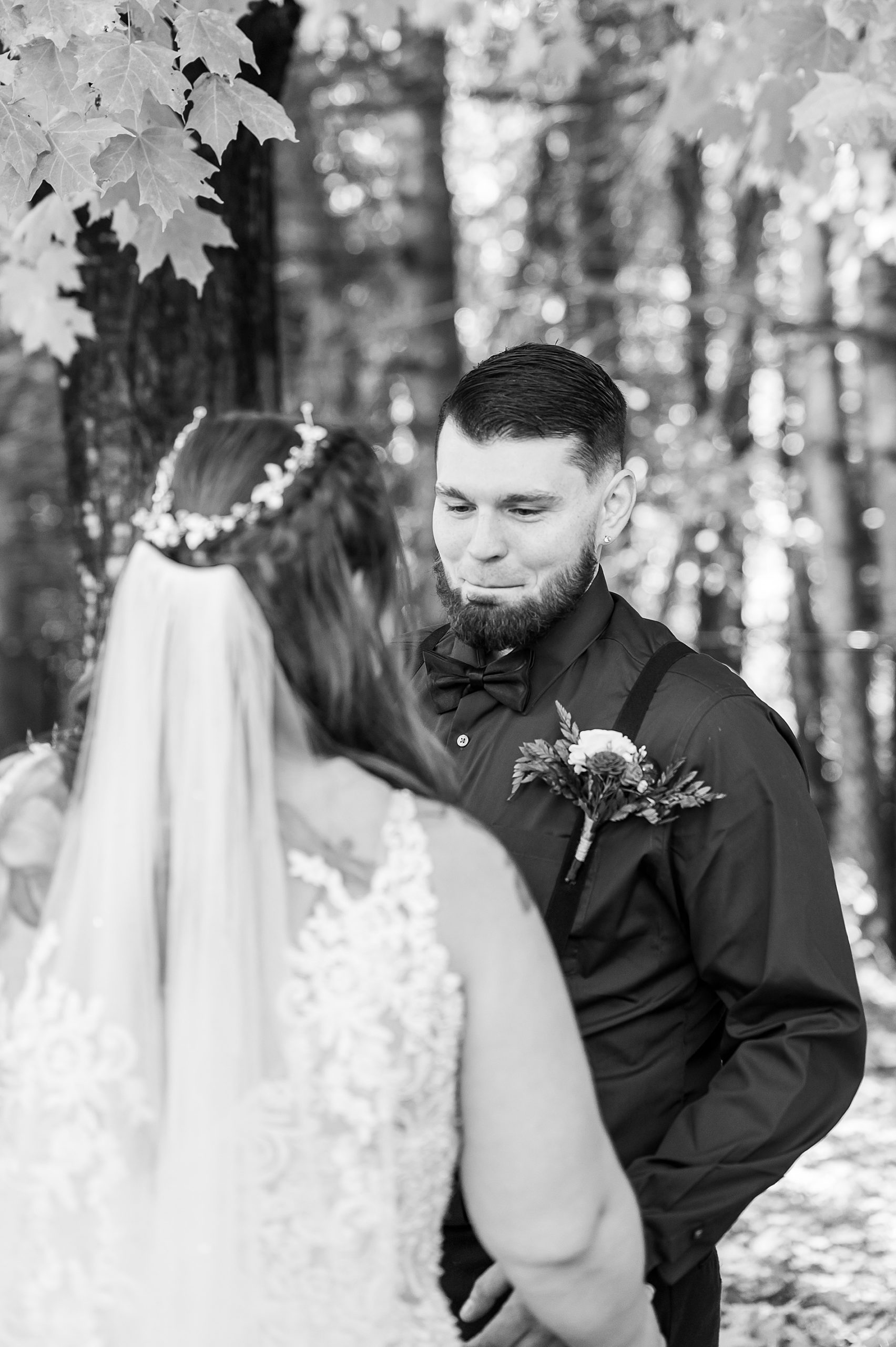 groom sees bride for the first time before Intimate Backyard Fall Wedding