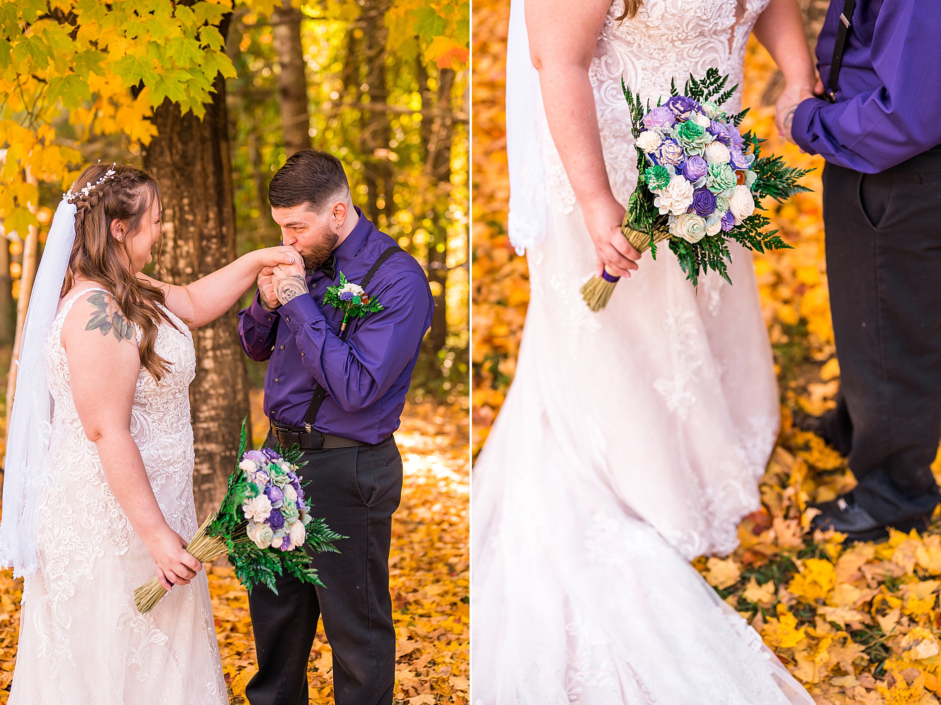 groom kisses his bride's hand before Intimate Backyard Fall Wedding