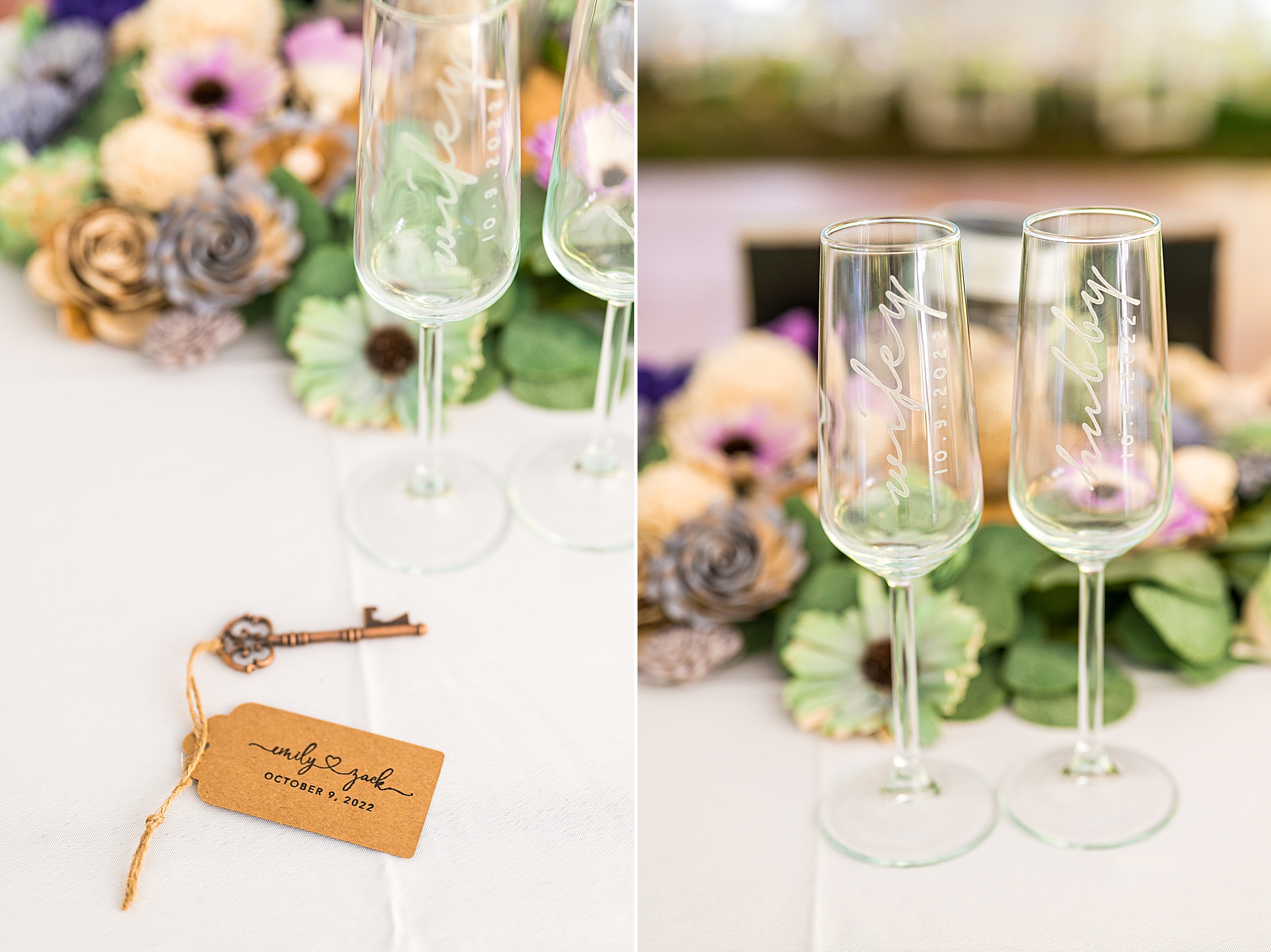 champagne glasses and wedding favors 
