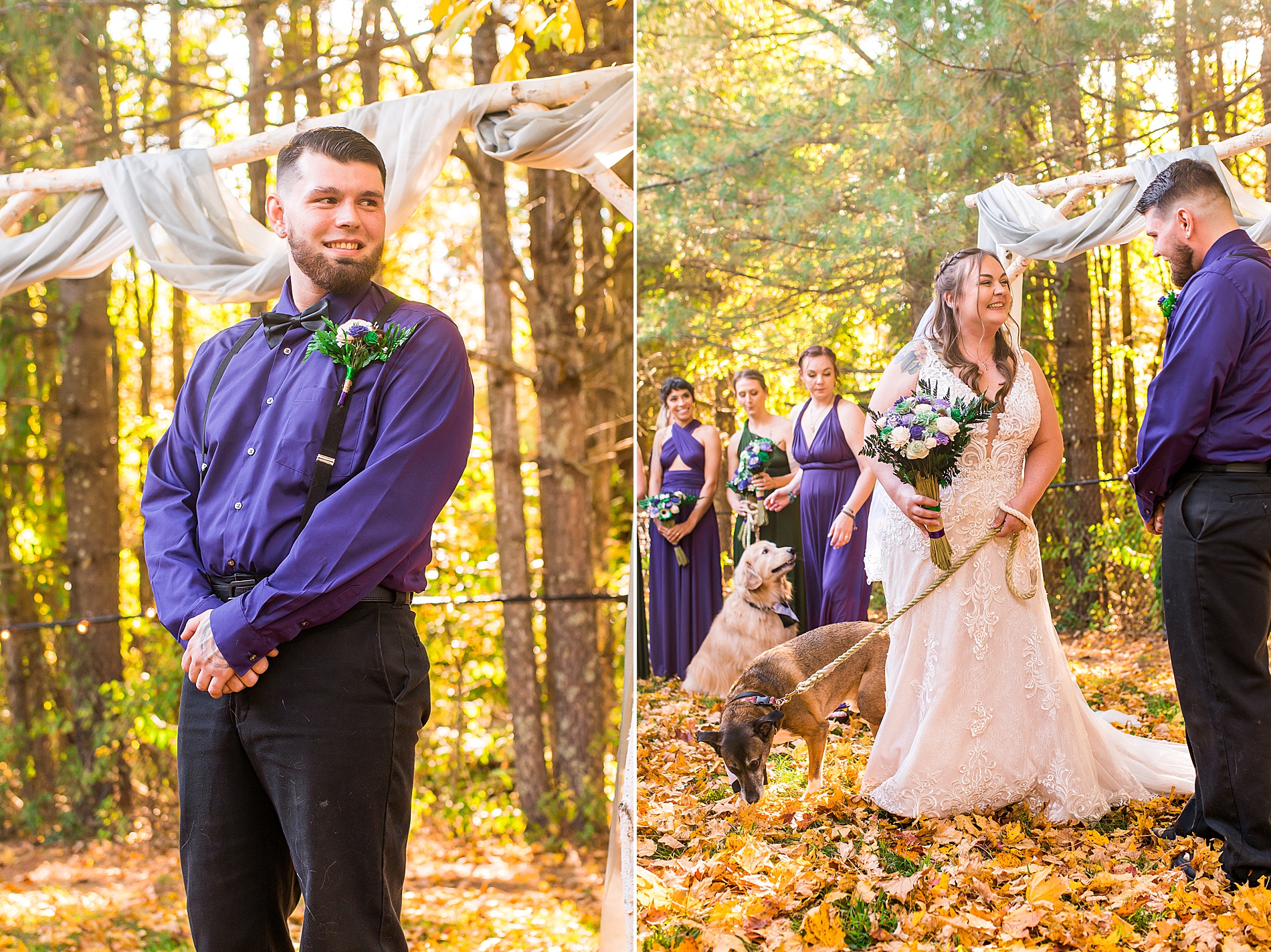 bride walks down the aisle escorted by her dog to her groom