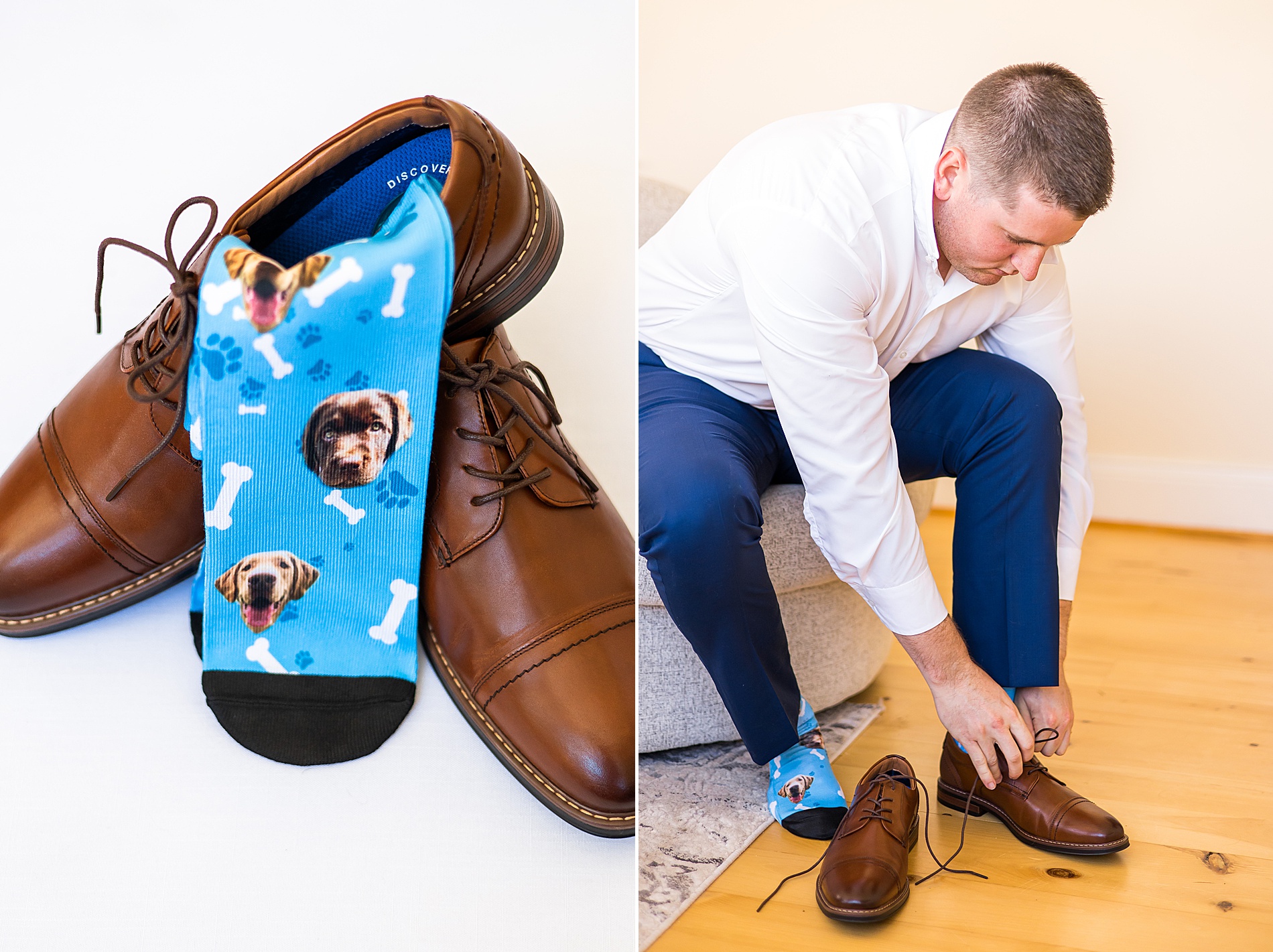 groom putting on socks featuring his dogs faces