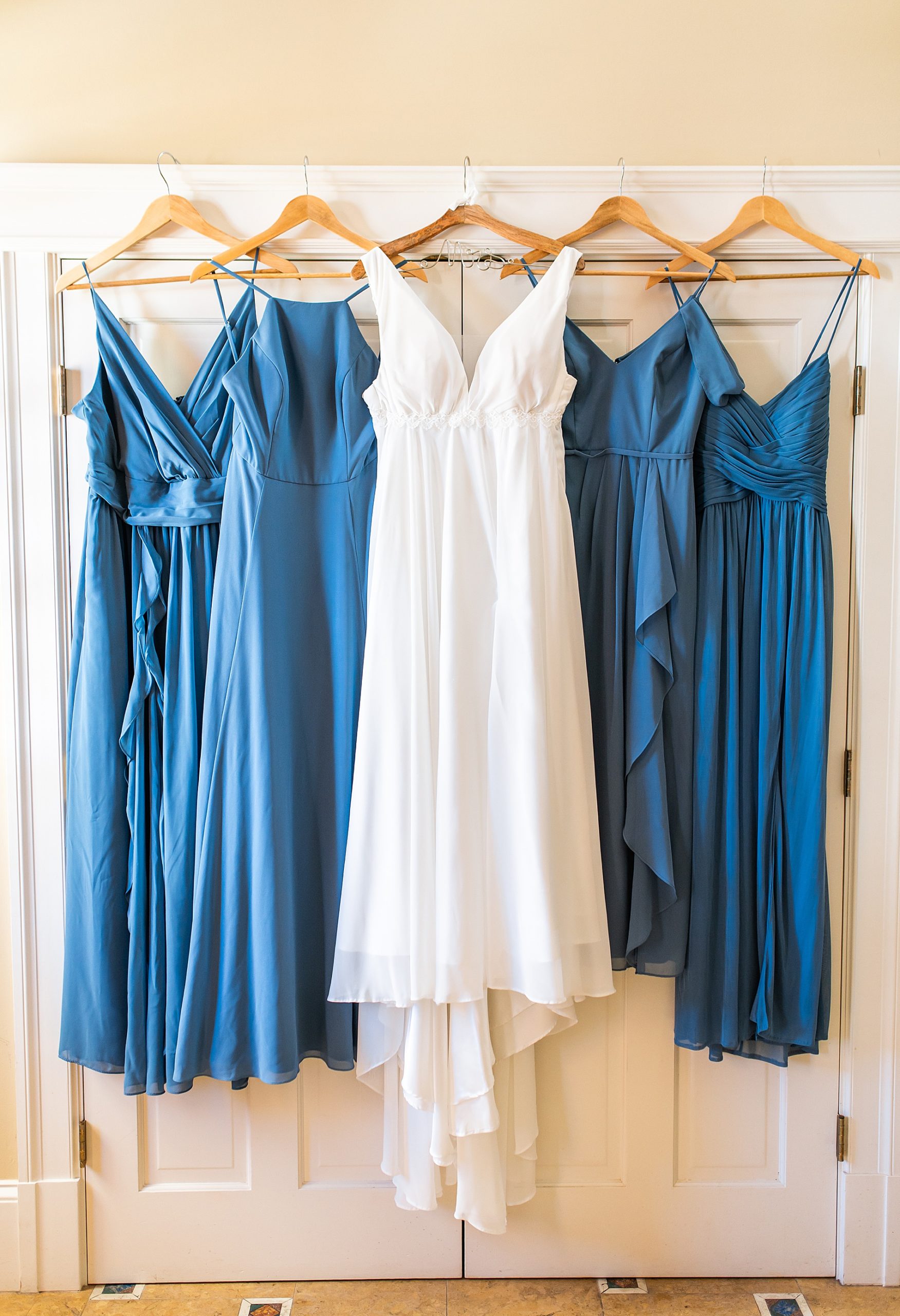 wedding dress and steel blue bridesmaids dresses