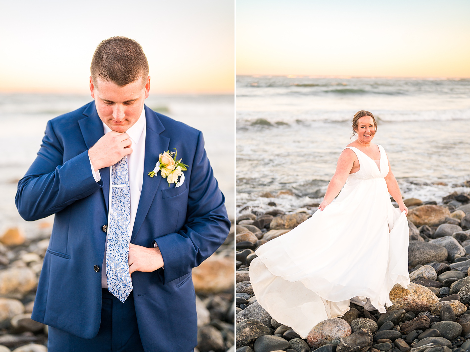Bride and groom stand on rocky oceanfront