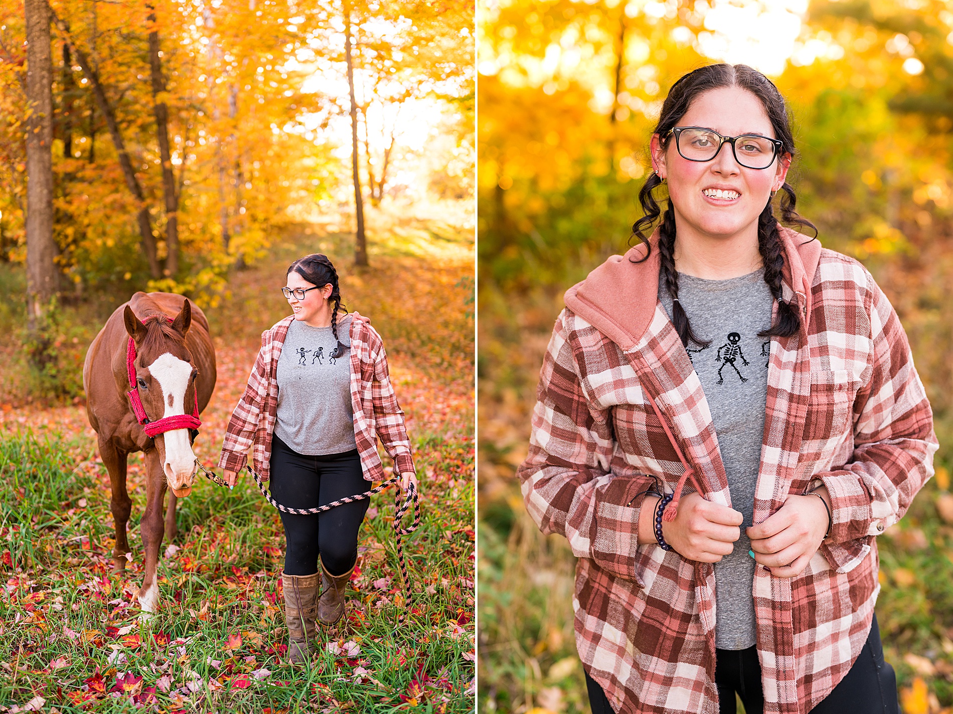 Senior walks with horse during her equestrian themed senior session