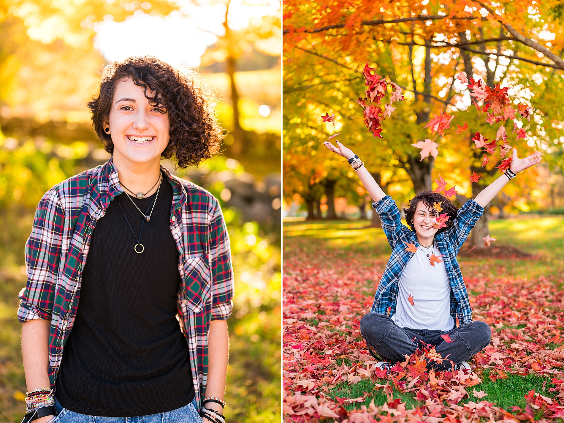 Senior plays in the leaves during her fall senior session in New Hampshire 