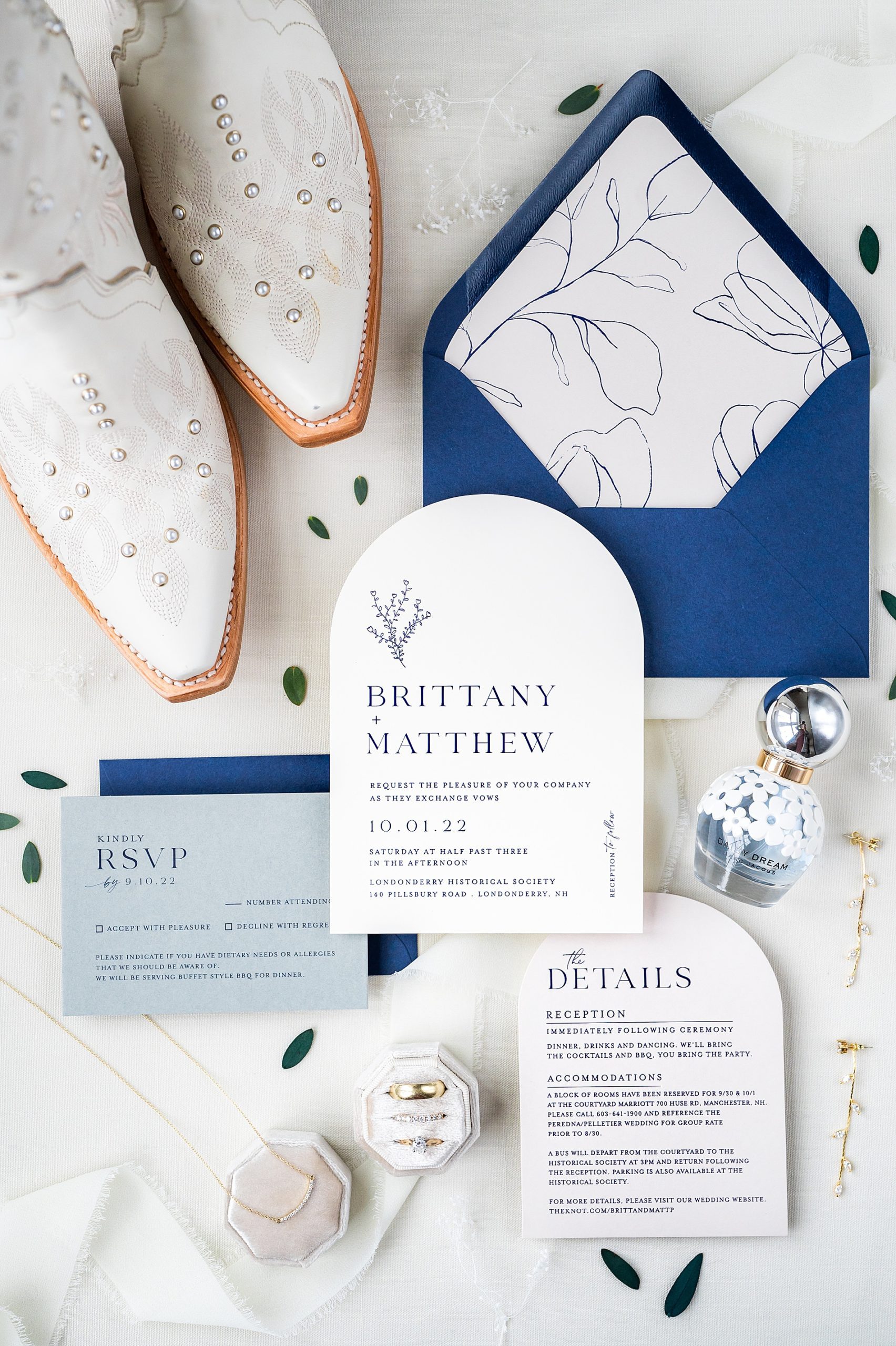 Navy and white wedding invitations and details 