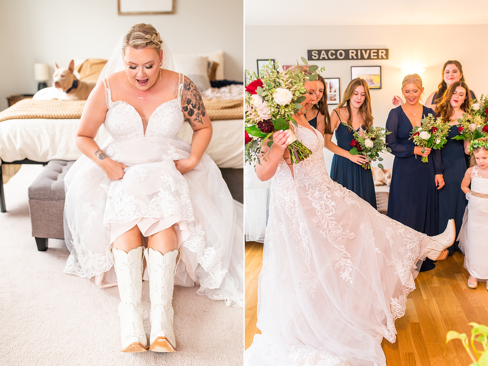 bride showing off her white wedding cowboy boots