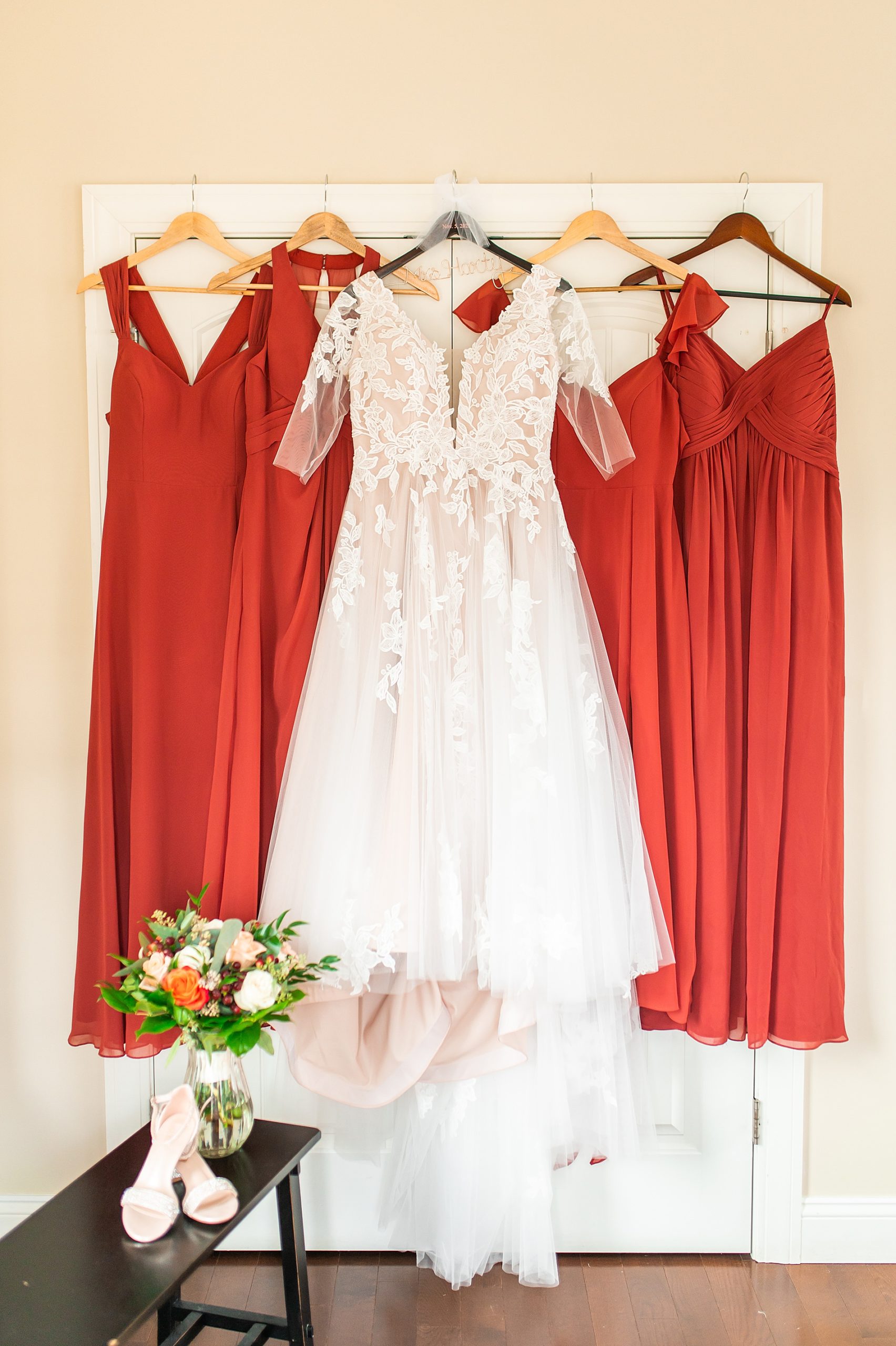 wedding and bridesmaids' Terracotta dresses from Owl's Nest Resort Fall Wedding