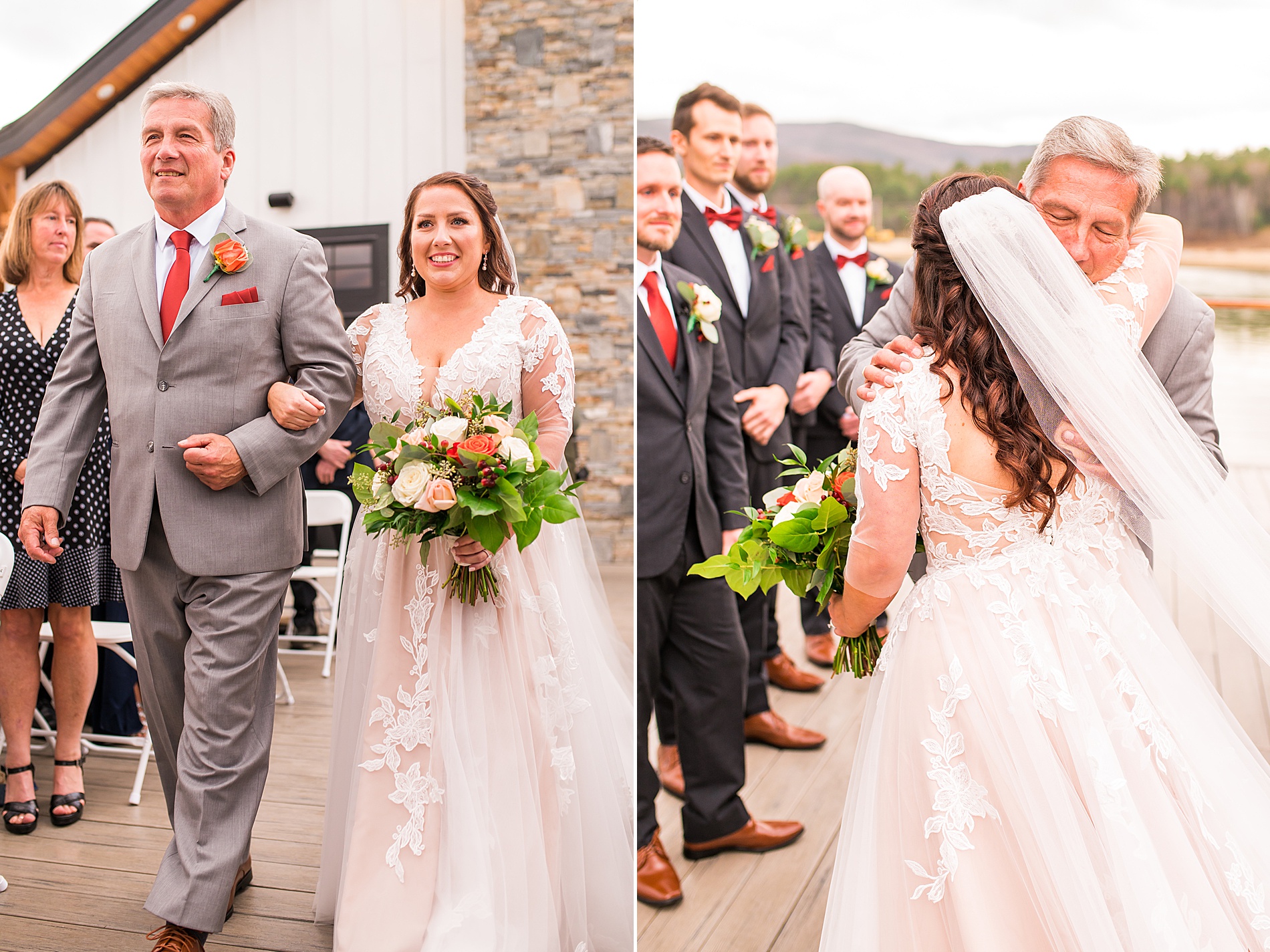 bride's father walks daughter down the aisle at Owl's Nest Resort Fall Wedding