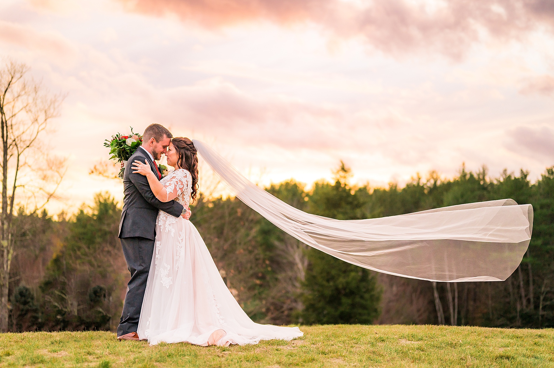 wedding portraits with bride's veil floating behind from Owl's Nest Resort Fall Wedding