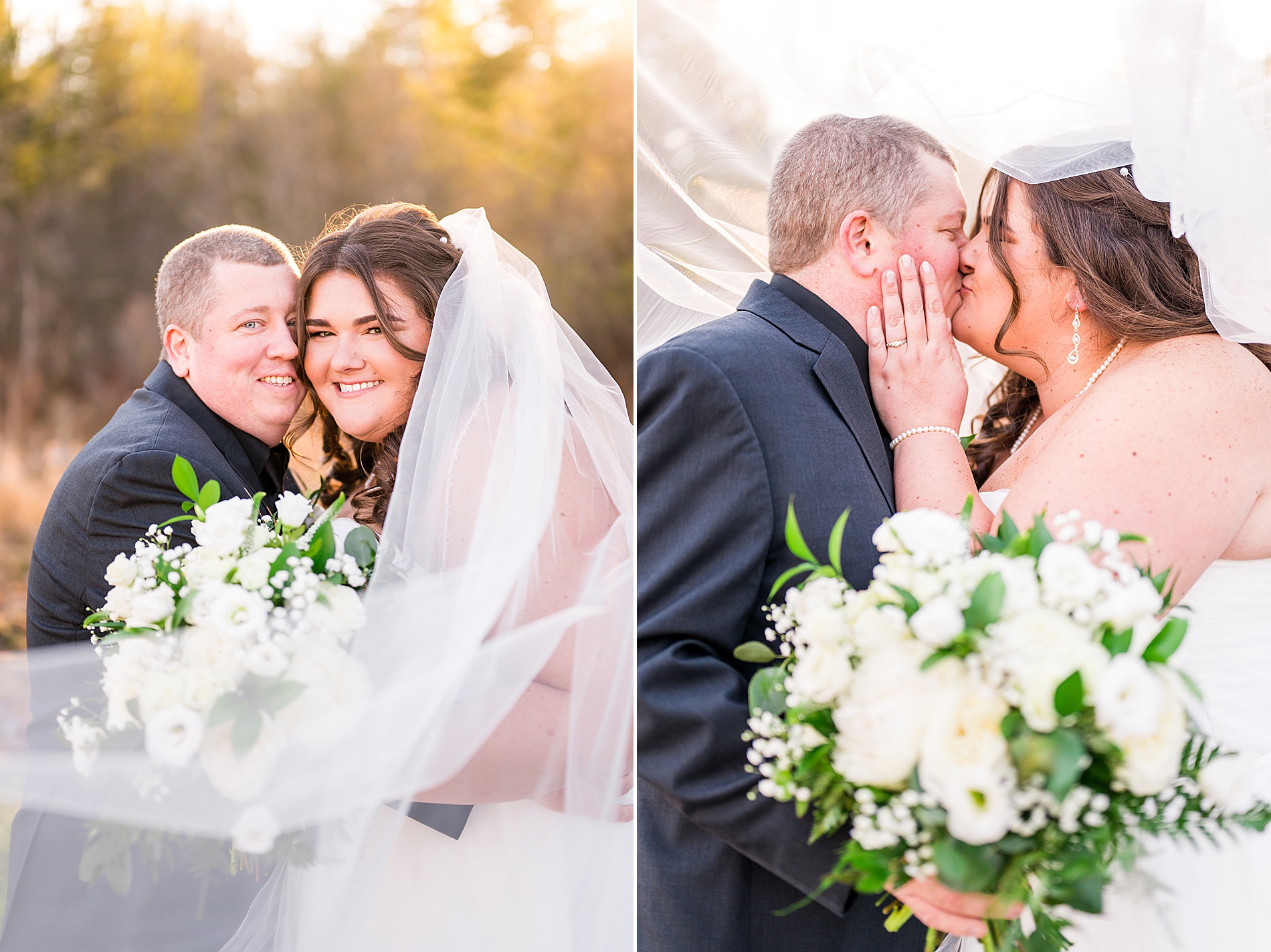 wedding portraits with veil wrapping around couple