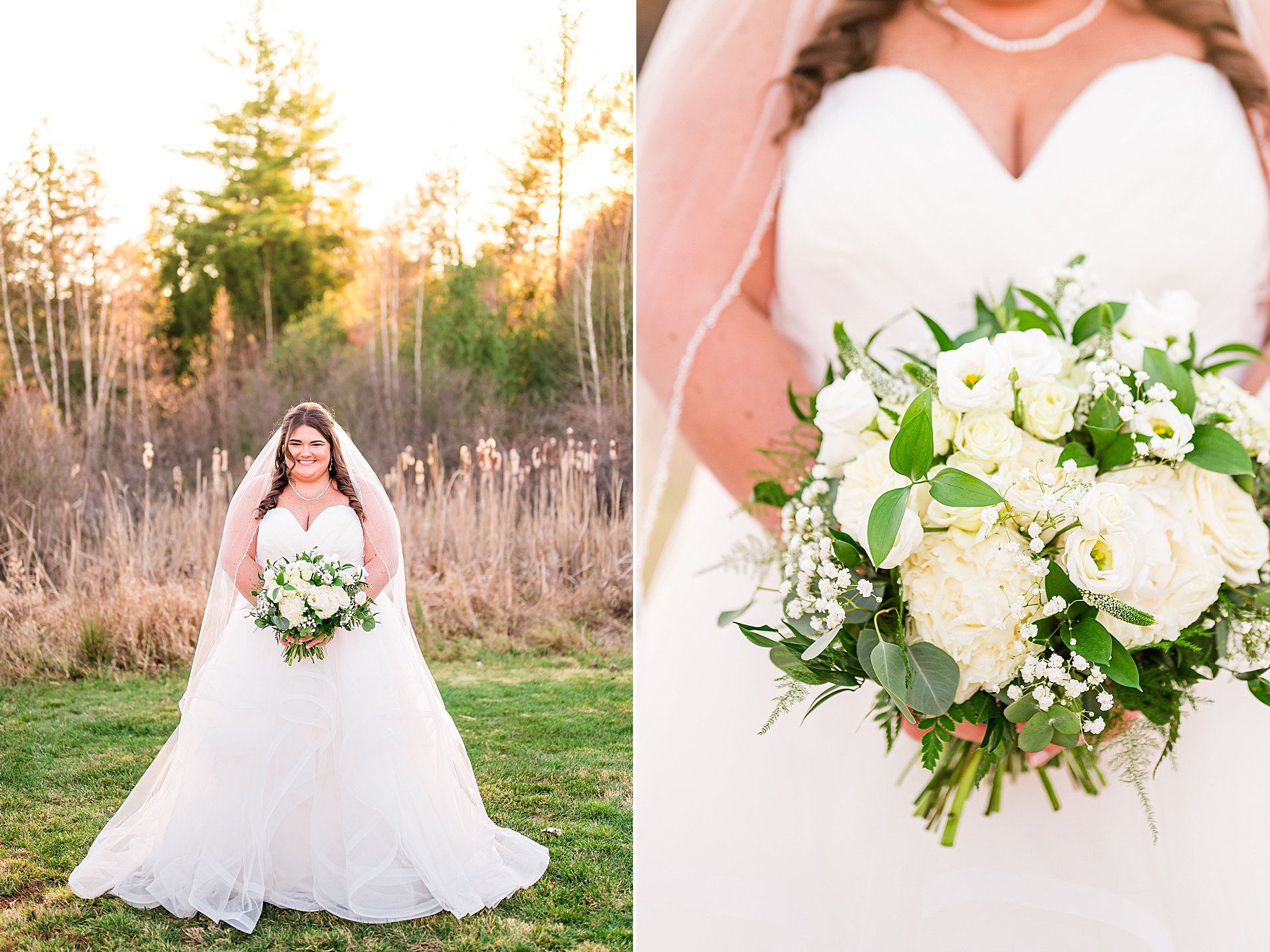 bride in wedding dress holding classic white bouquet