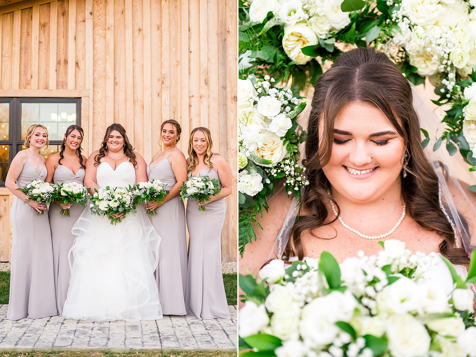 bride with her bridesmaids in gray dresses