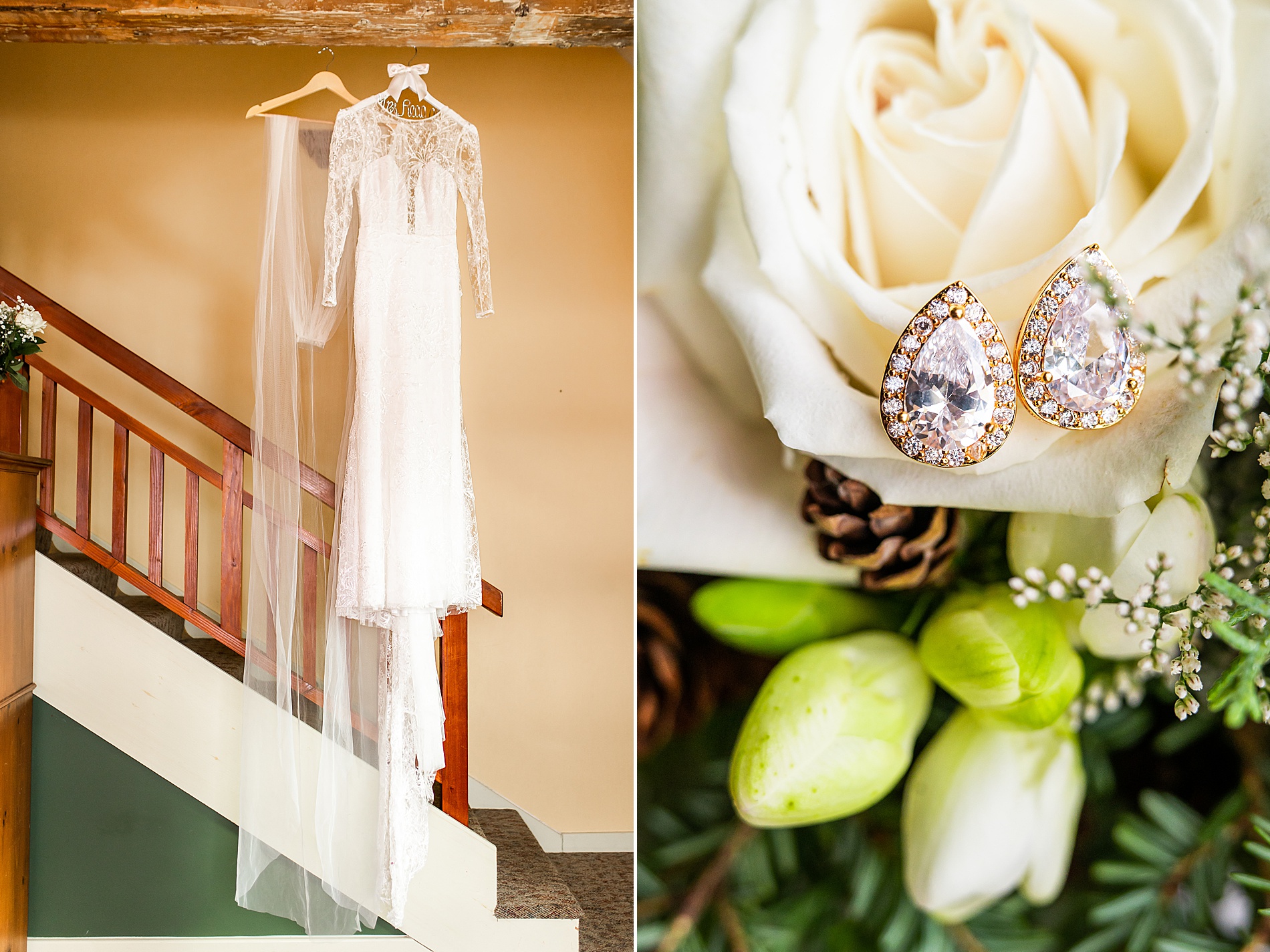 wedding dress and bride's diamond earrings