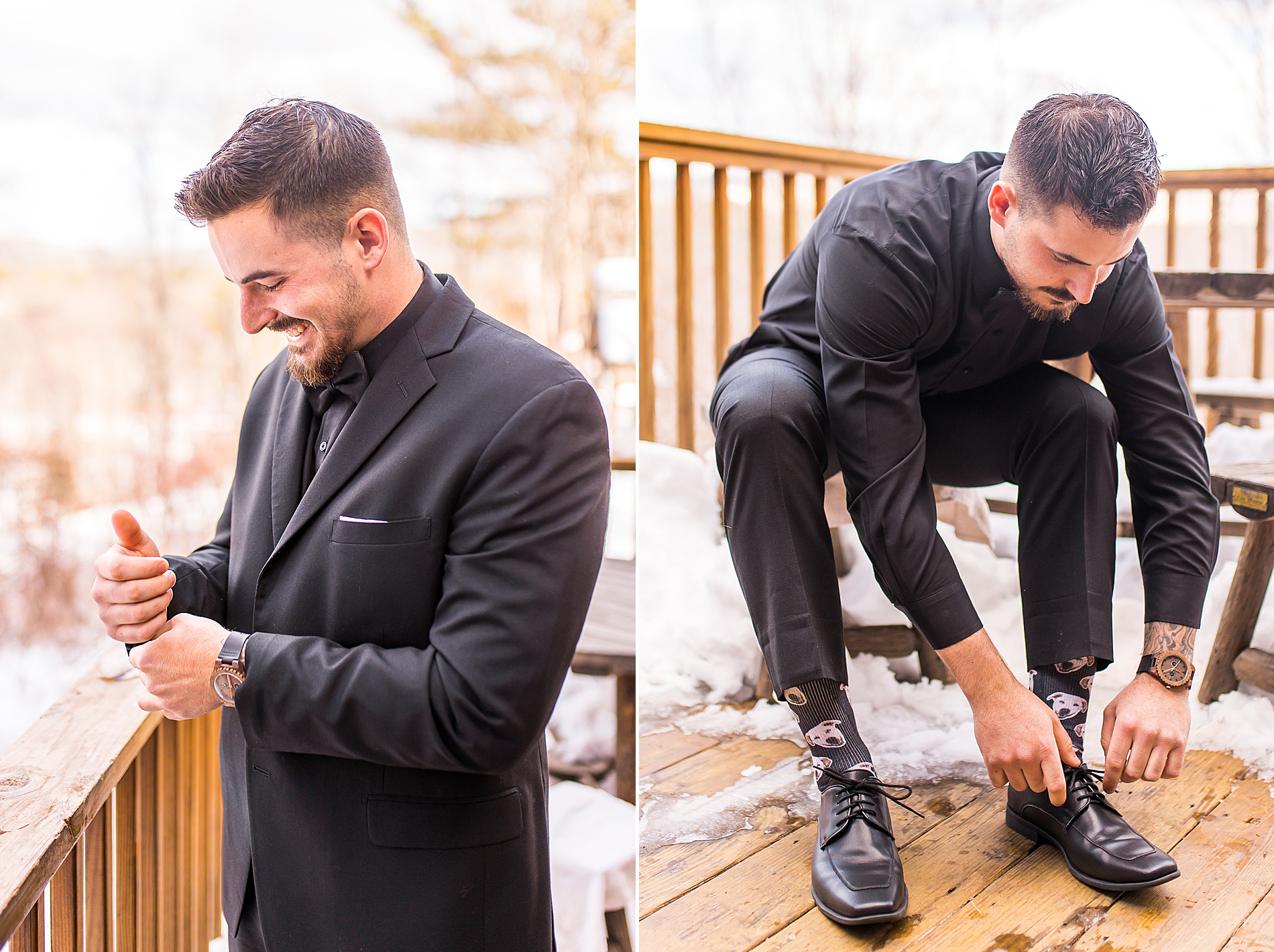 groom getting ready for Elegant Winter Wedding at The Barn on the Pemi 