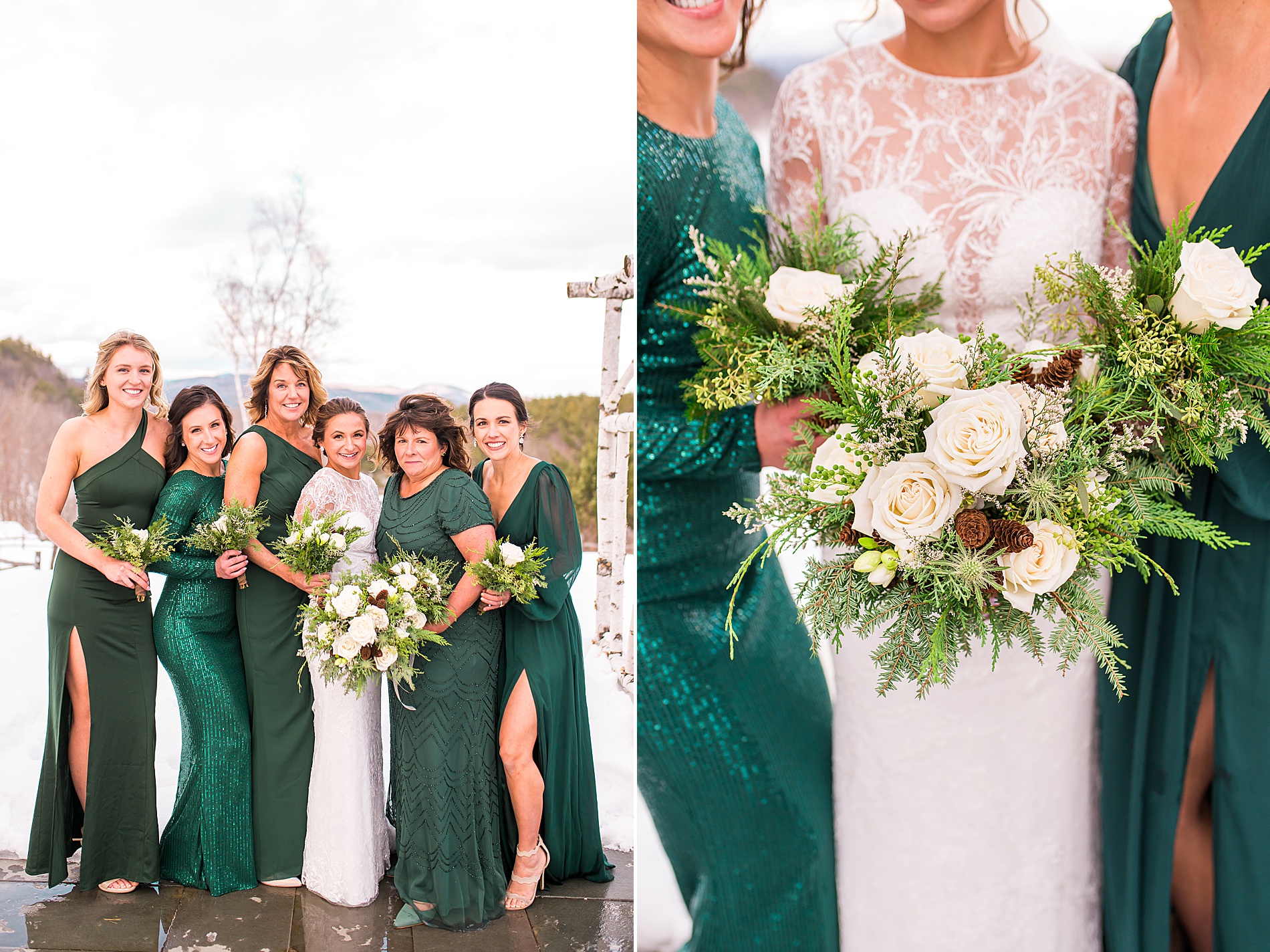 bride and bridesmaids in dark green dresses 