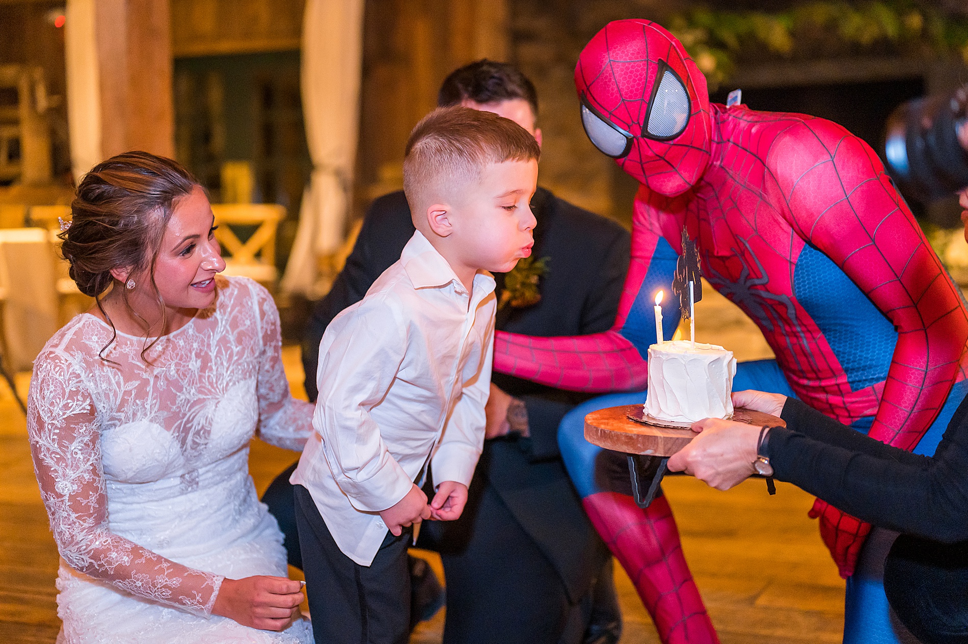 surprise spider-man guest at Winter Wedding at The Barn on the Pemi 