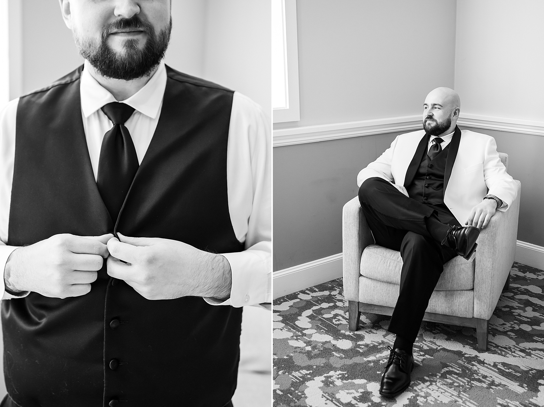 groom getting ready for Winter Wedding at Sky Meadow Country Club