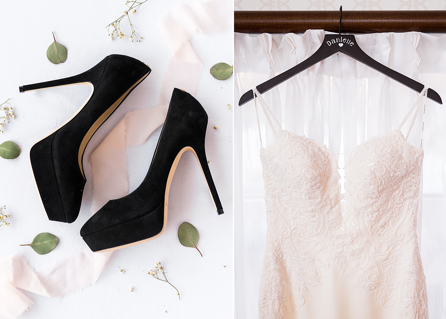 bride's wedding dress and shoes from winter wedding