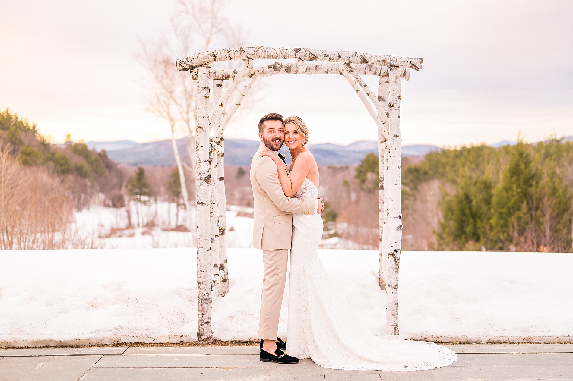 winter wedding portraits of couple at  The Barn on the Pemi