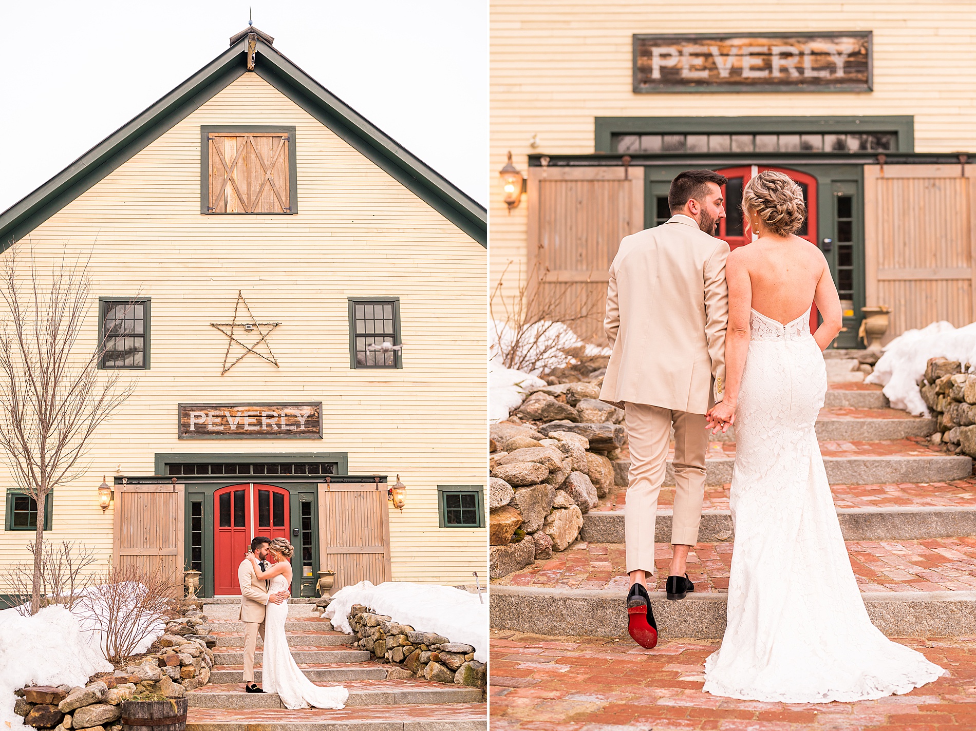 bride and groom in front of barn at The Barn on the Pemi