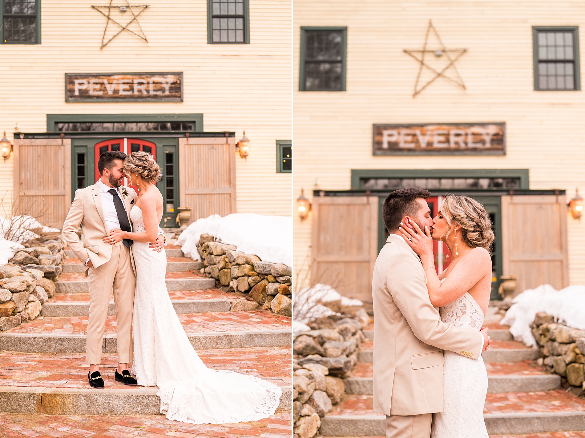 newlyweds kiss outside during wedding portraits