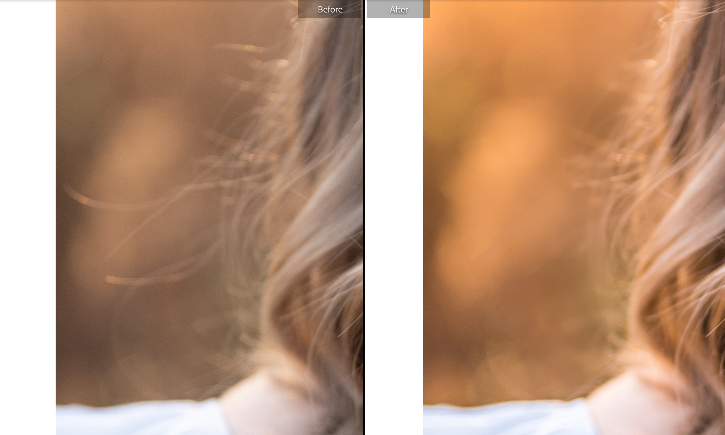 Before and After stray hair removal in Lightroom