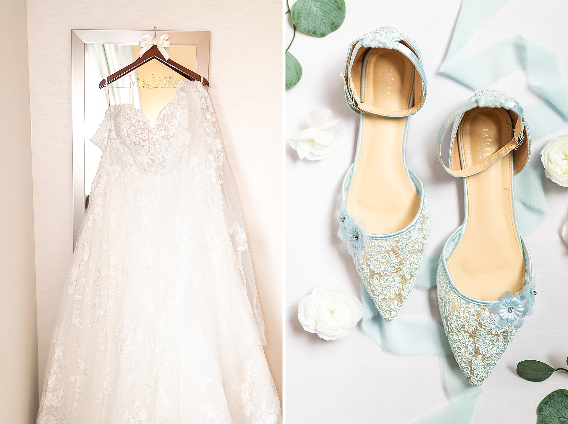 wedding dress and blue bridal shoes