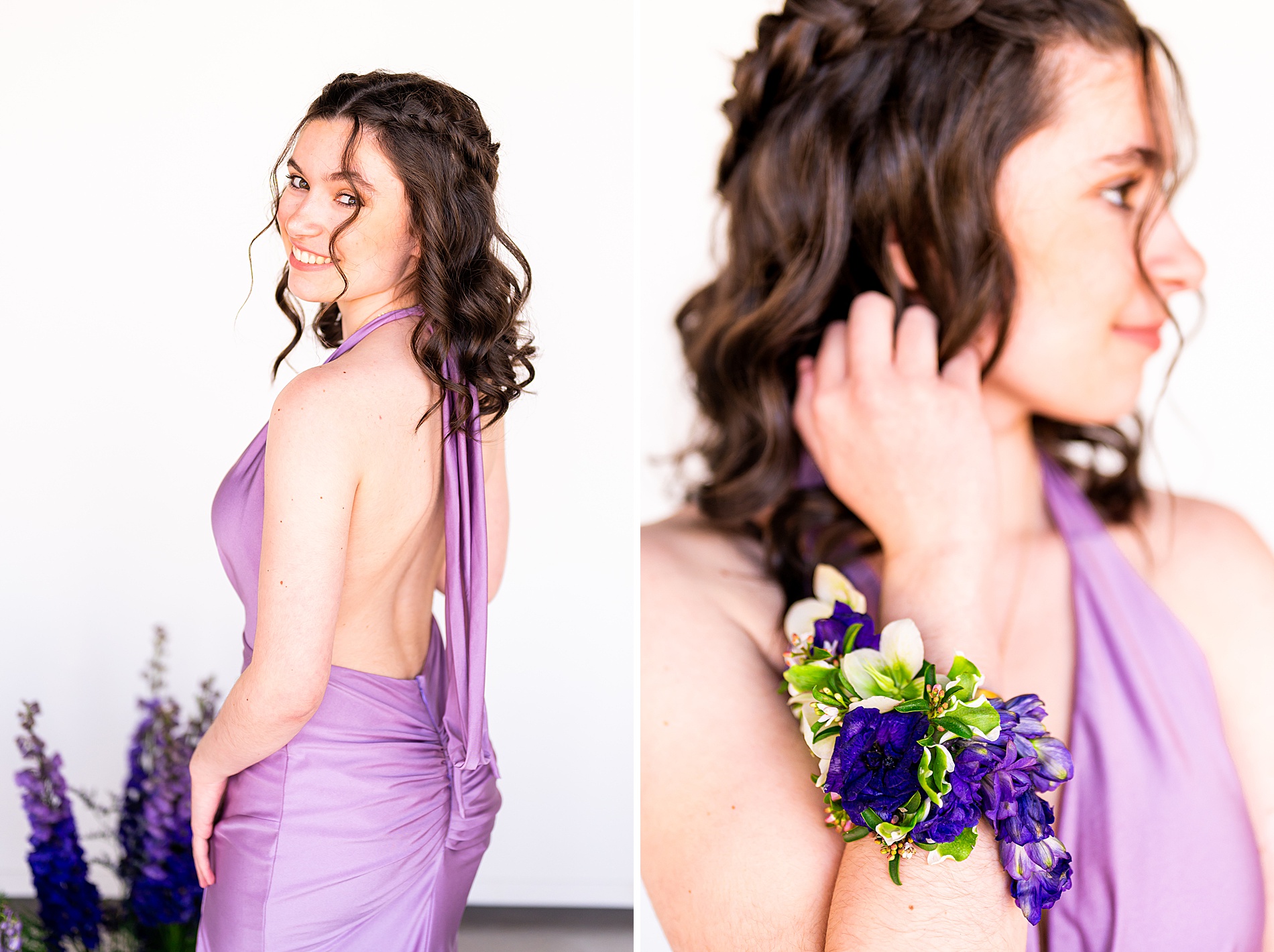 senior in lilac colored prom dress with royal purple flowers