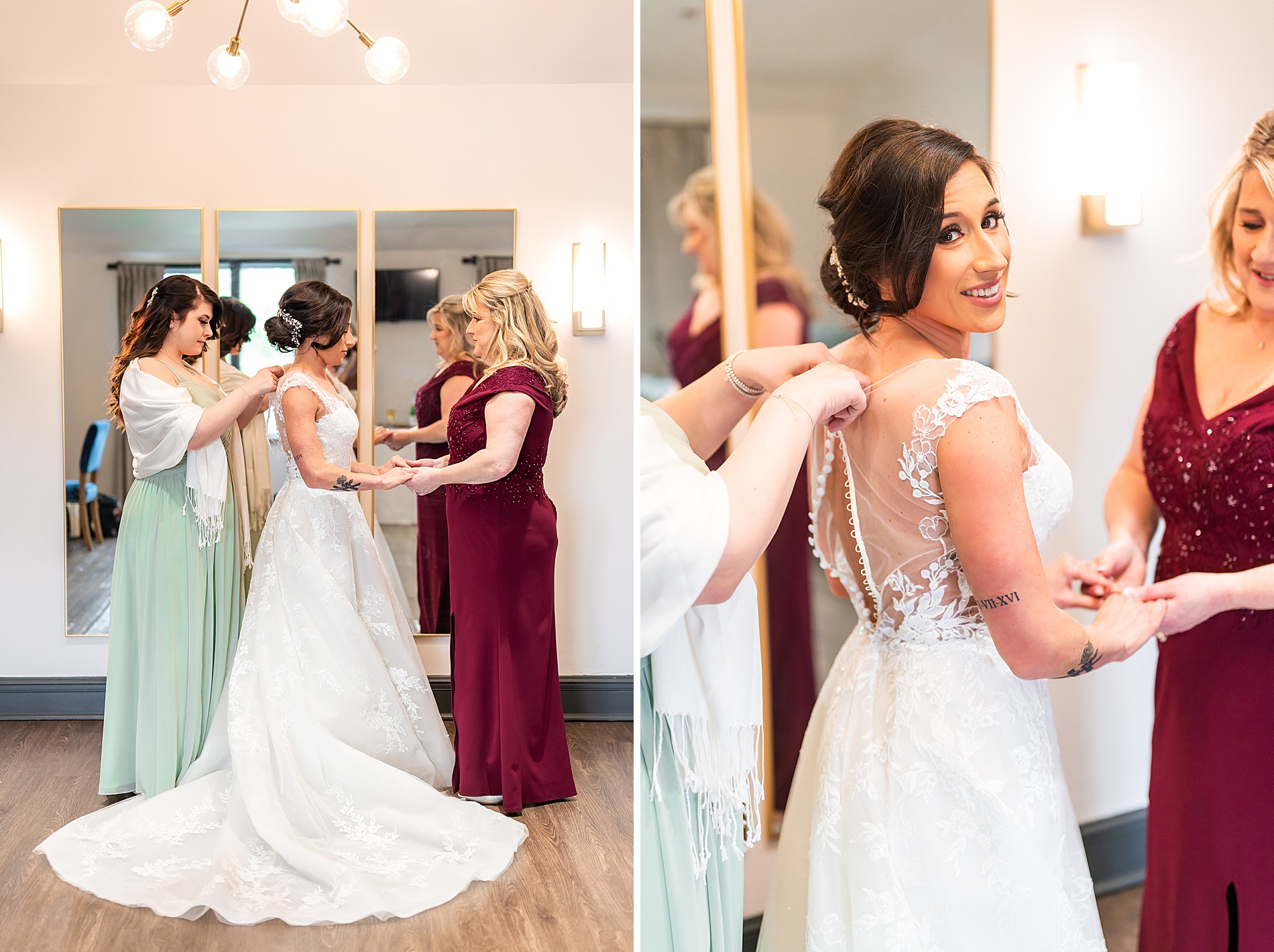bridesmaid and mother helping bride get ready 