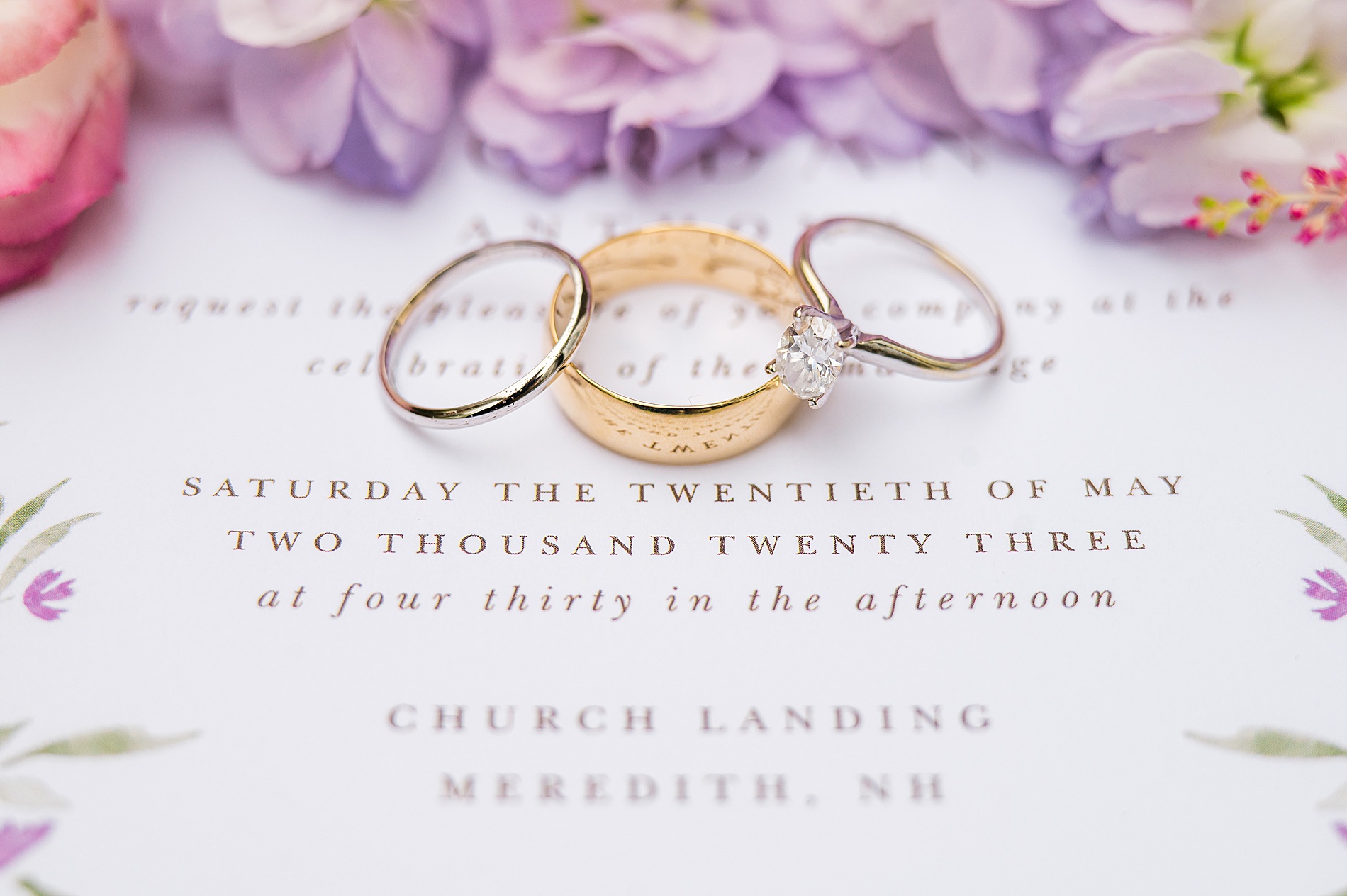 wedding rings on invitations from Spring Wedding at Church Landing