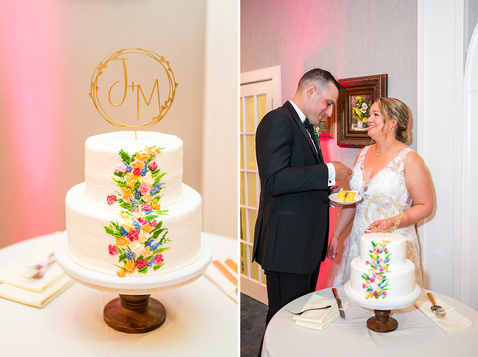 couple cut their spring inspired wedding cake