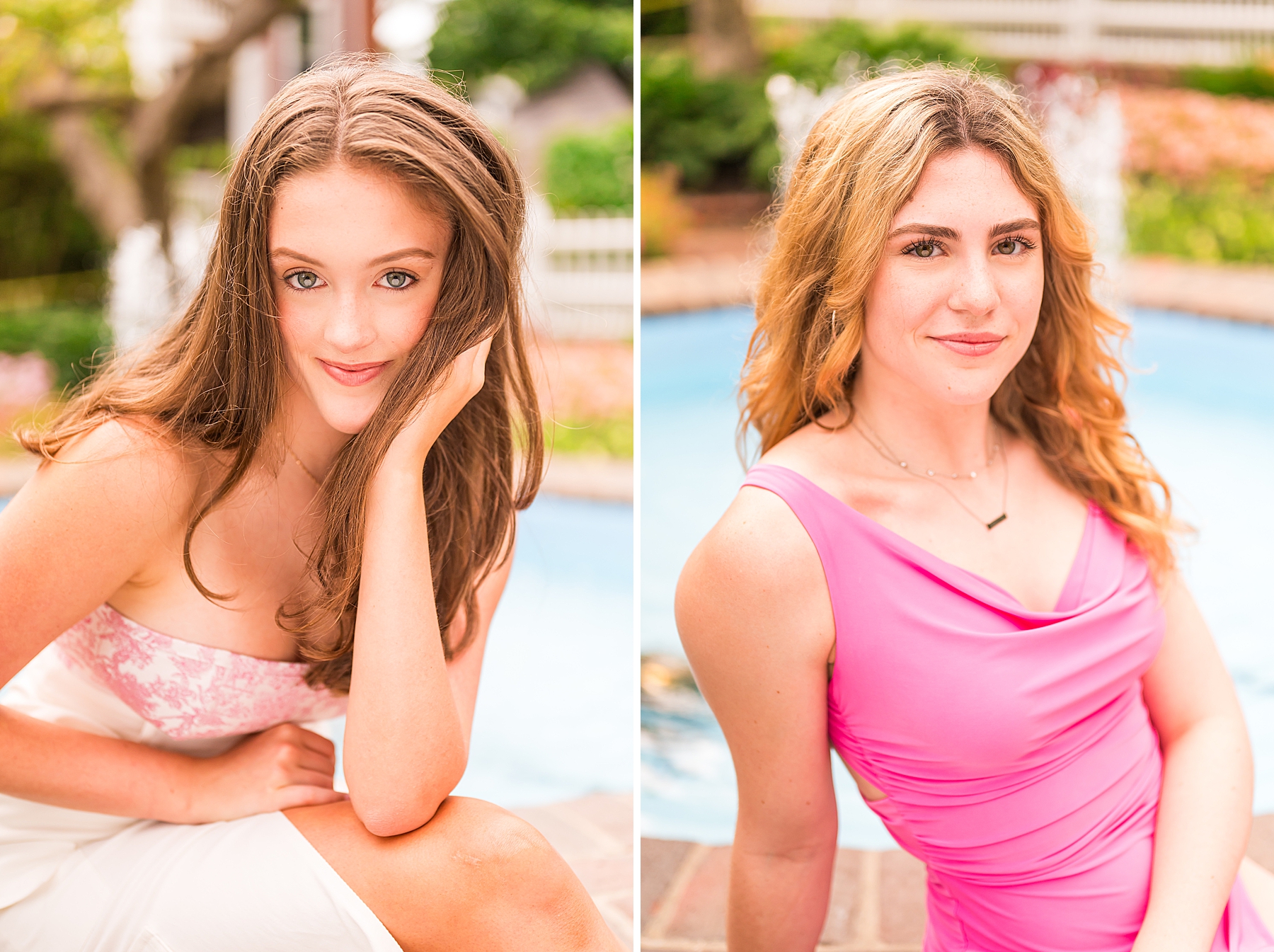 seniors sit by fountain during Summer Styled Shoot 
