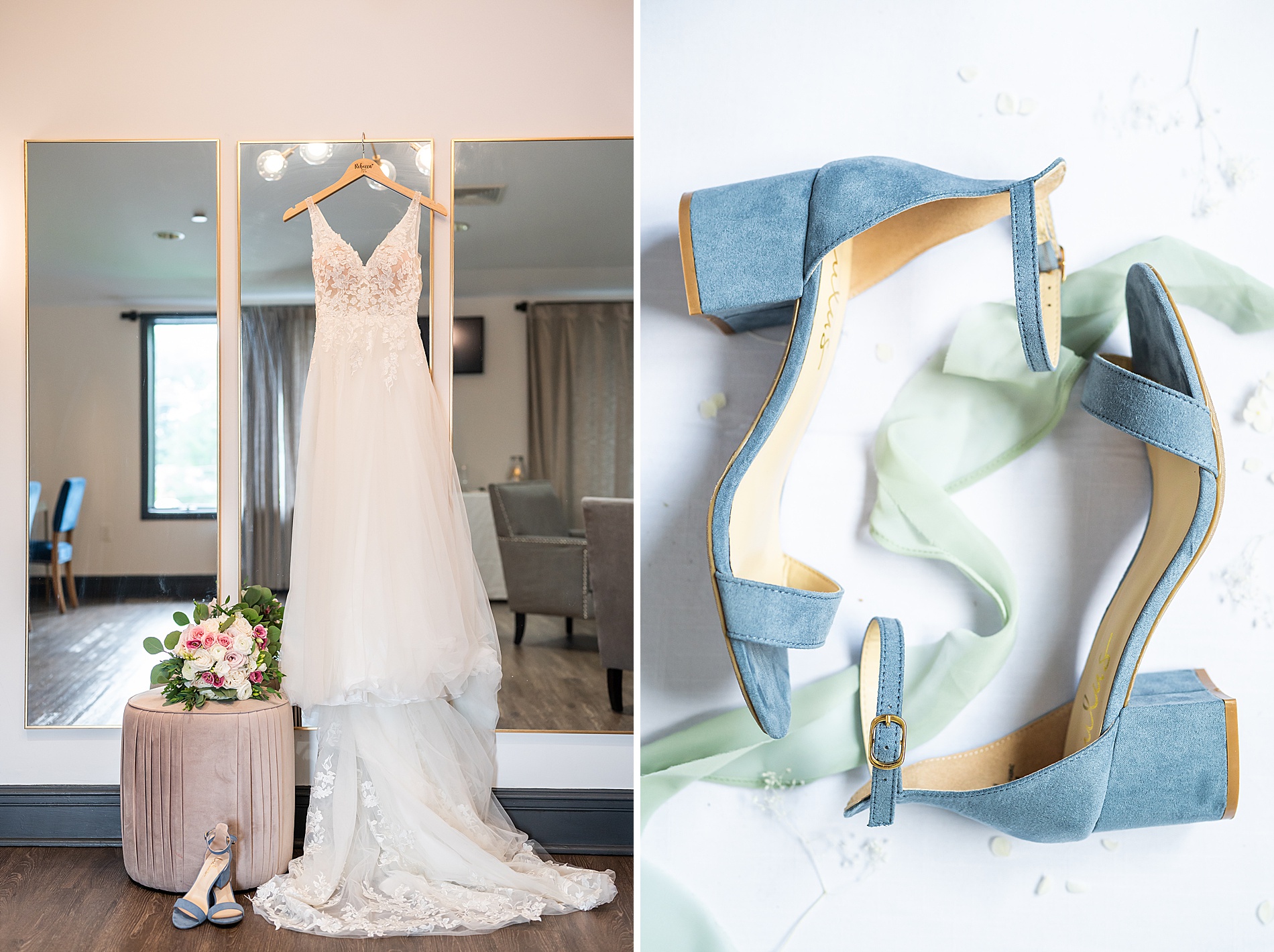 bride's wedding dress and blue shoes