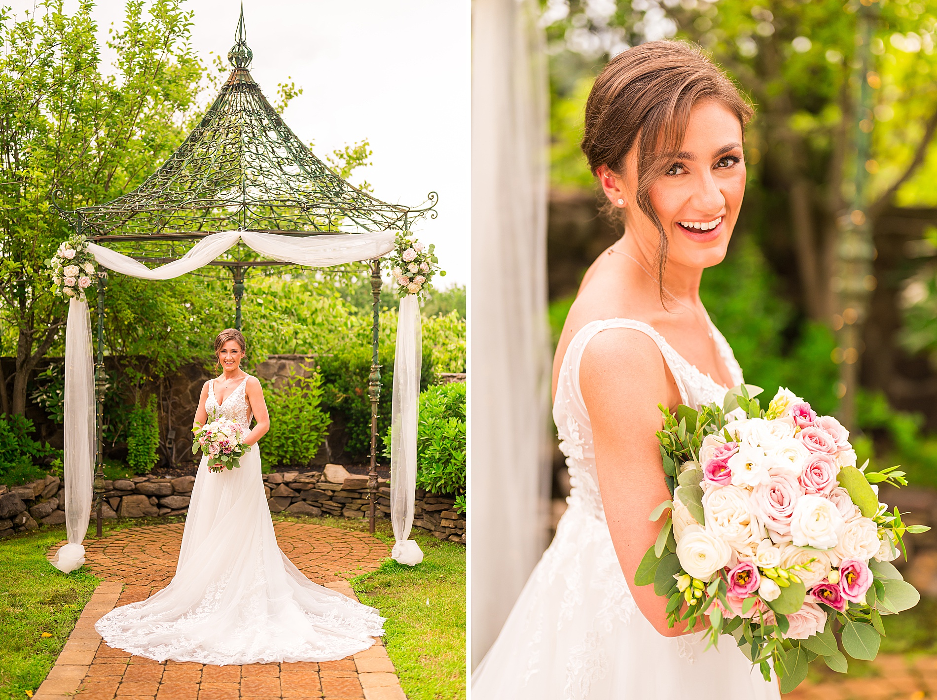 bridal portraits outside while holding summer wedding bouquet 