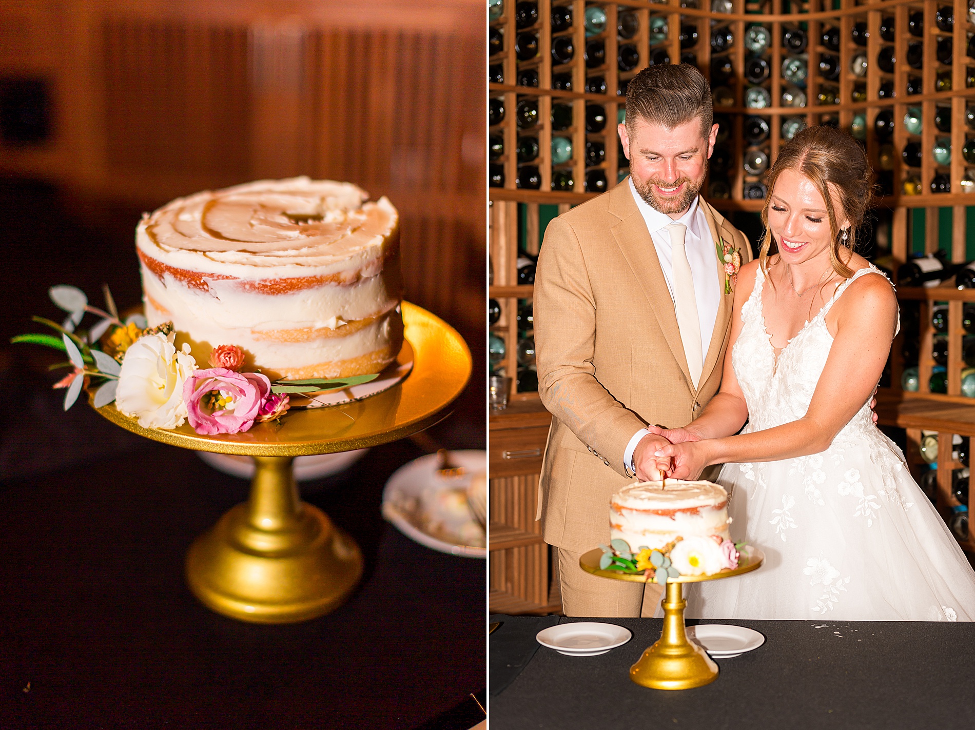 couple share private moment during cake cutting in wine cellar 