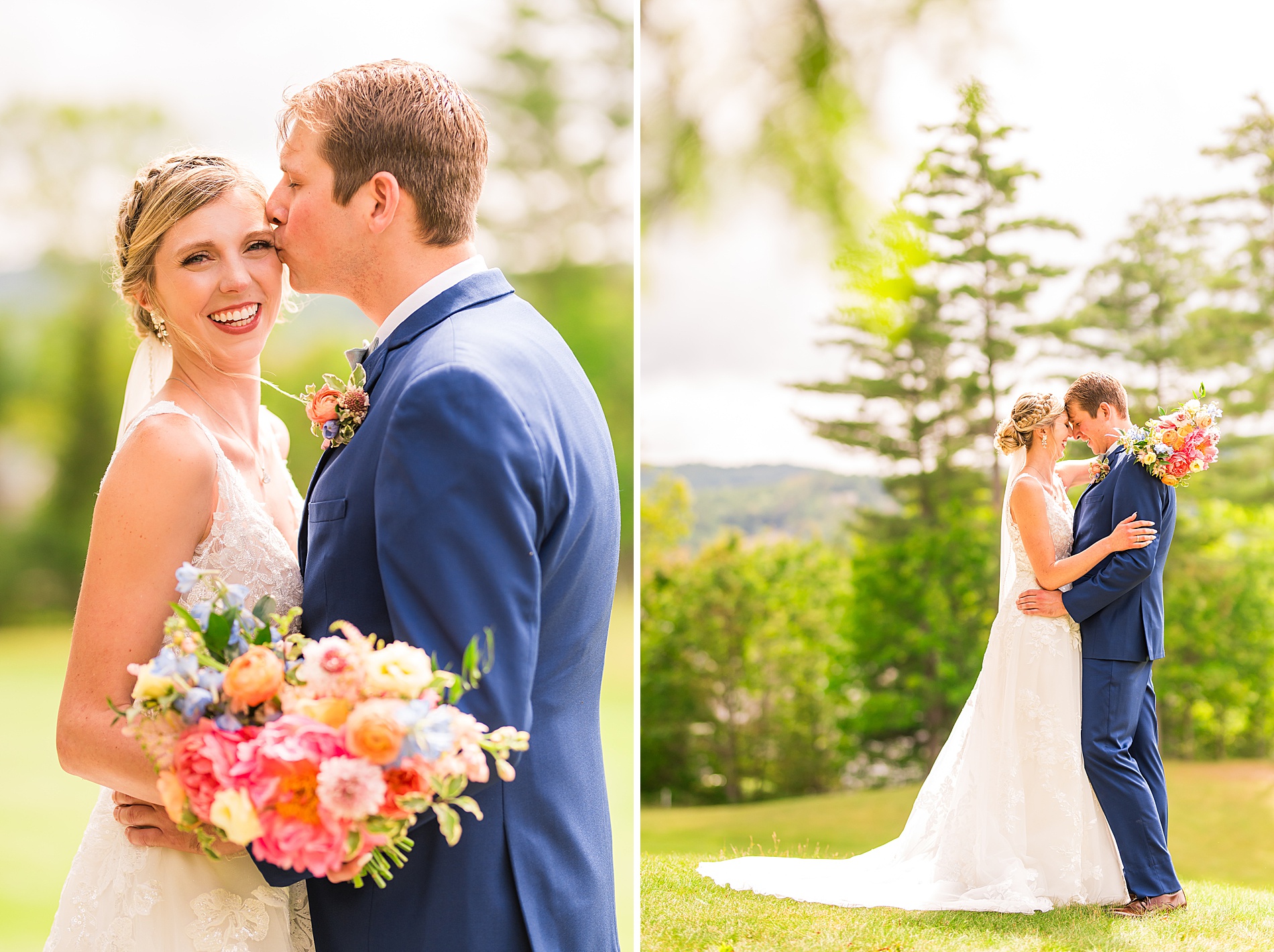 romantic wedding portraits at Owl's Nest Resort with white mountains in background
