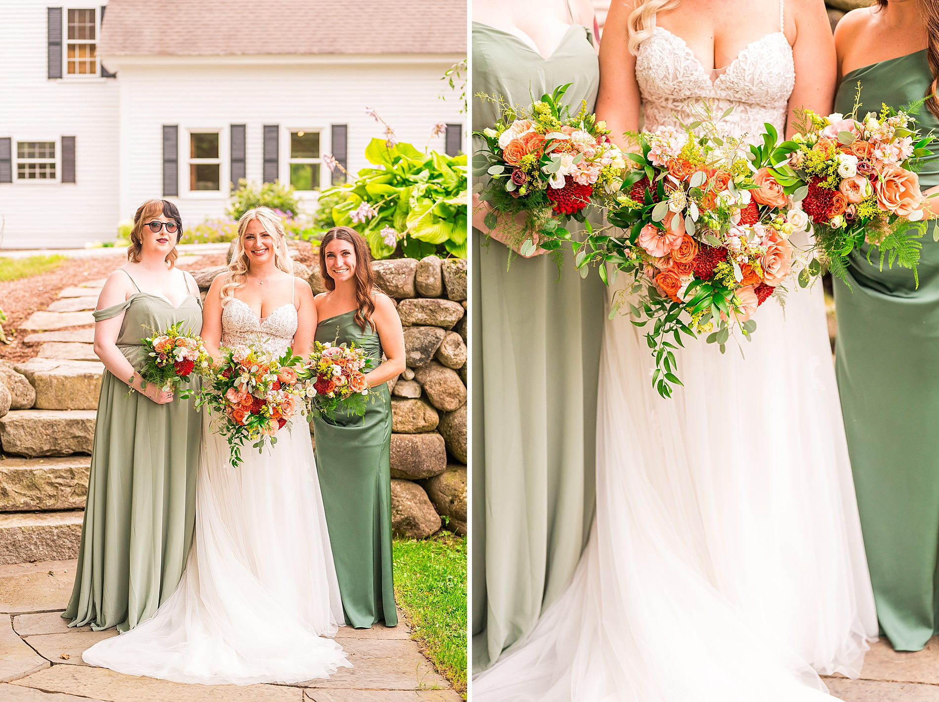 bride and bridesmaids holding beautiful floral arrangement