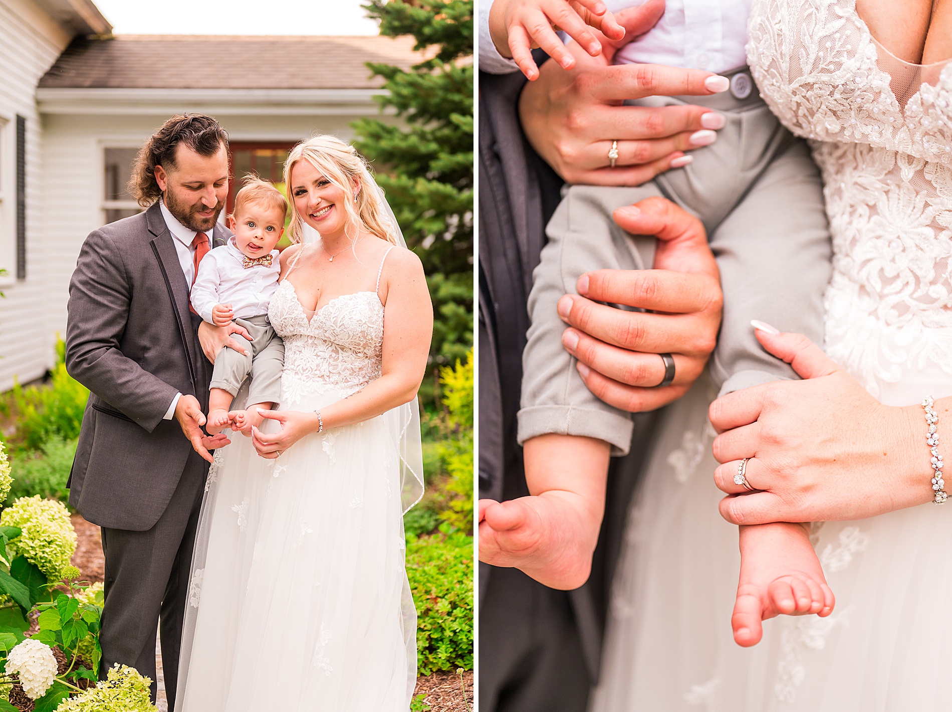 couple hold their son after wedding 
