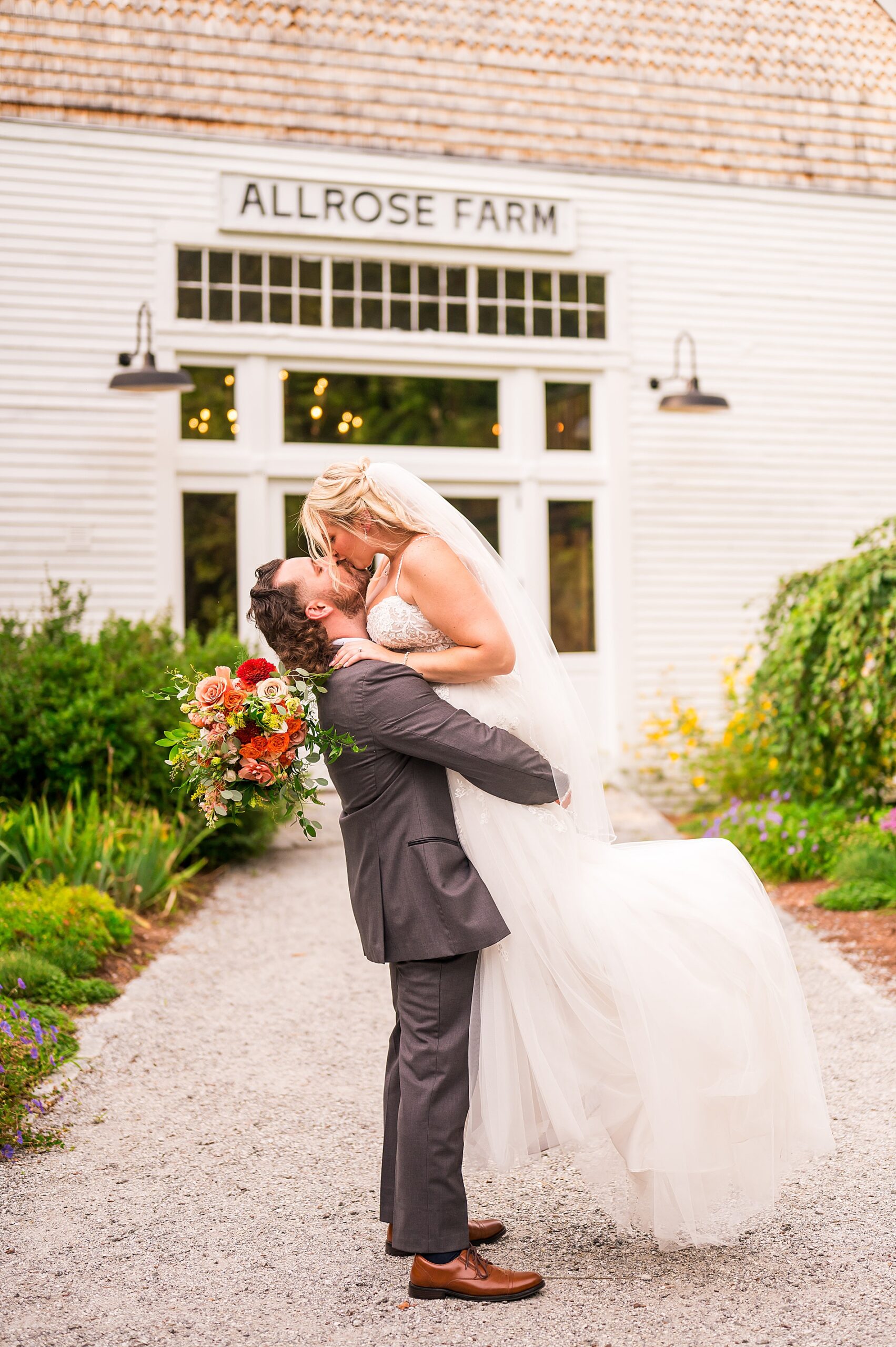romantic wedding portraits outside of New Hampshire Wedding venue, Allrose Farm 
