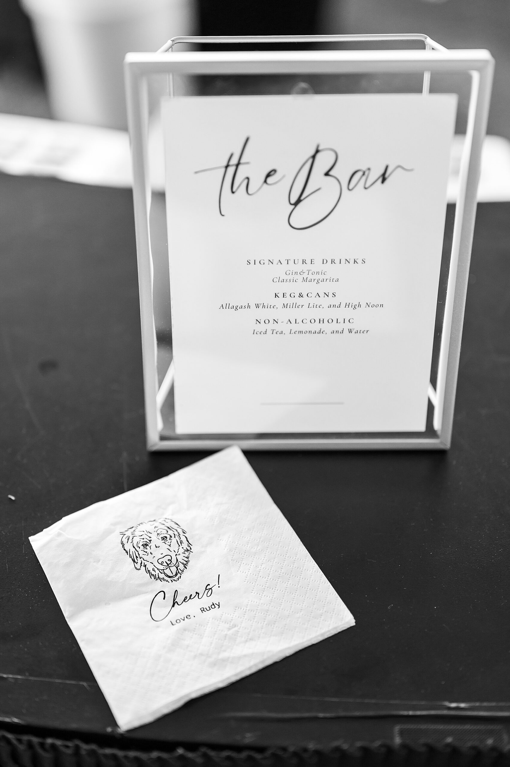 bar sign and custom napkins from Waterfront Wedding at The Margate
