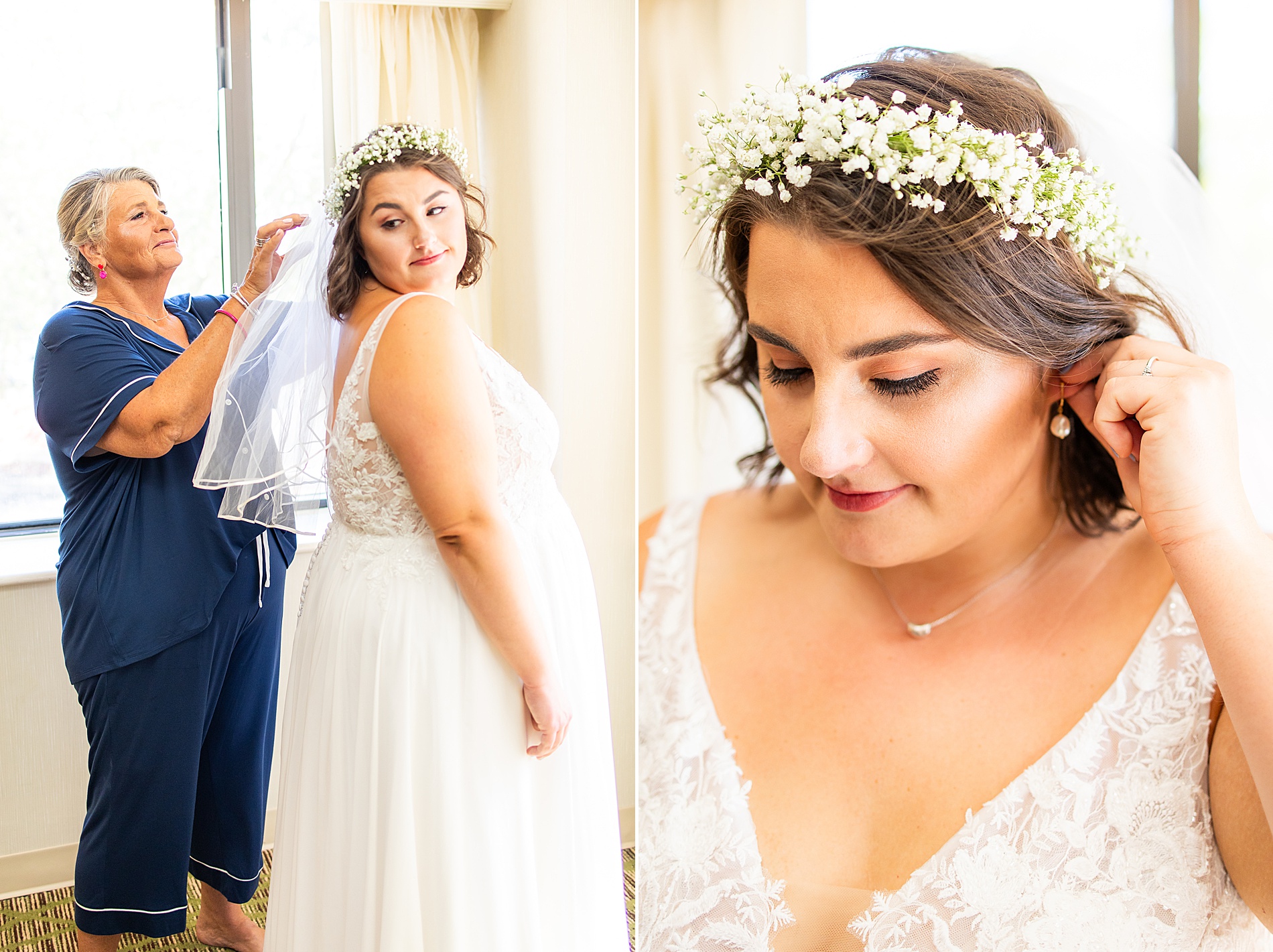 bride getting flower crown on before wedding 