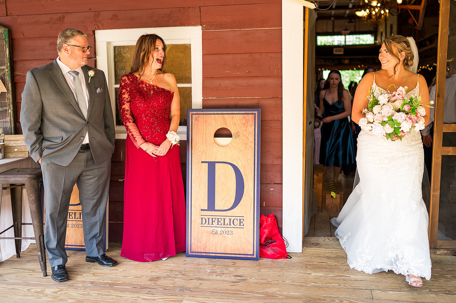 first look with parents from Tumbledown Farm Wedding 