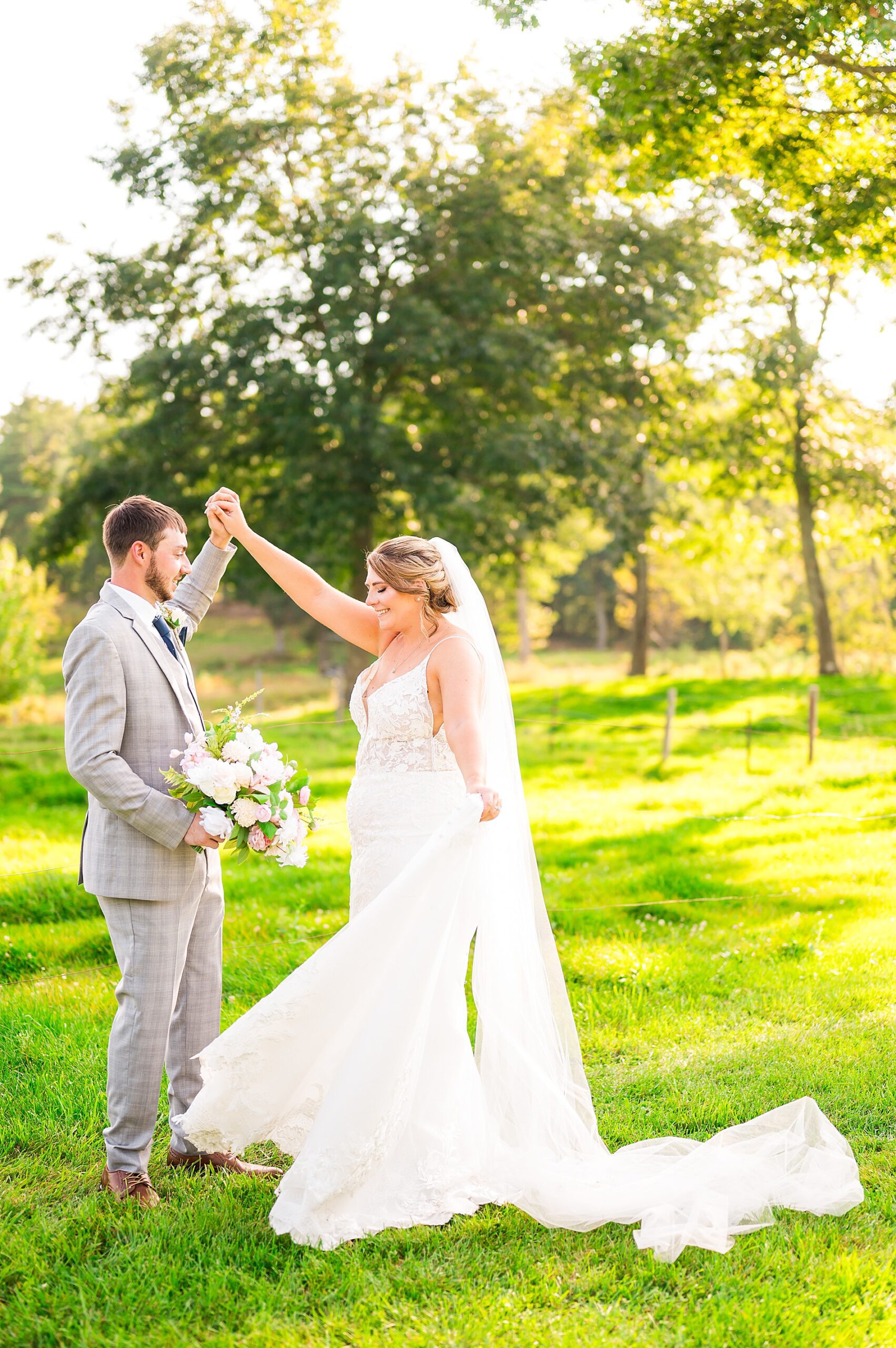 newlyweds dance outside at Tumbledown Farm after wedding ceremony 