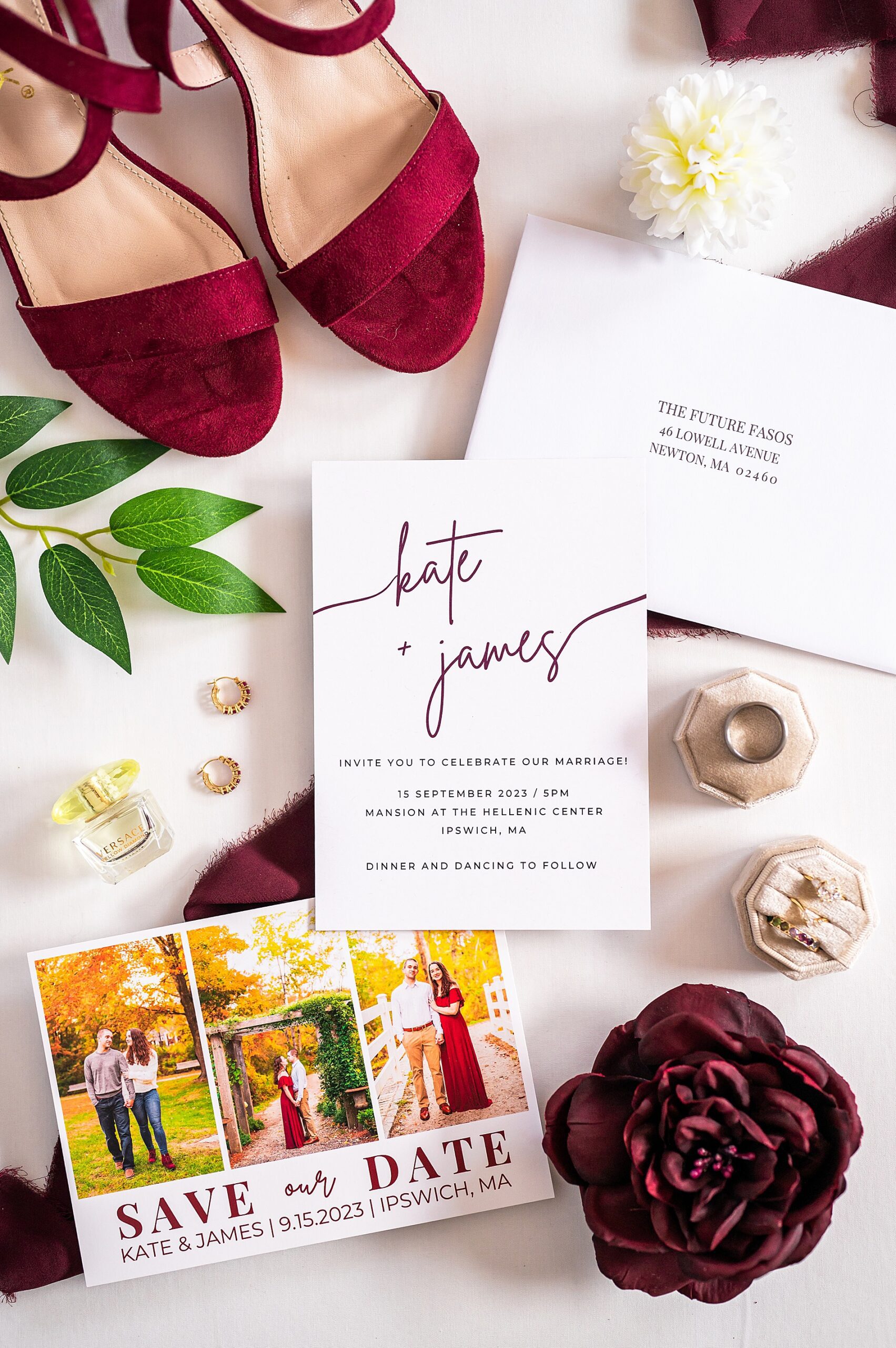 wedding invitations and flat lay design from North Shore Wedding at The Hellenic Center