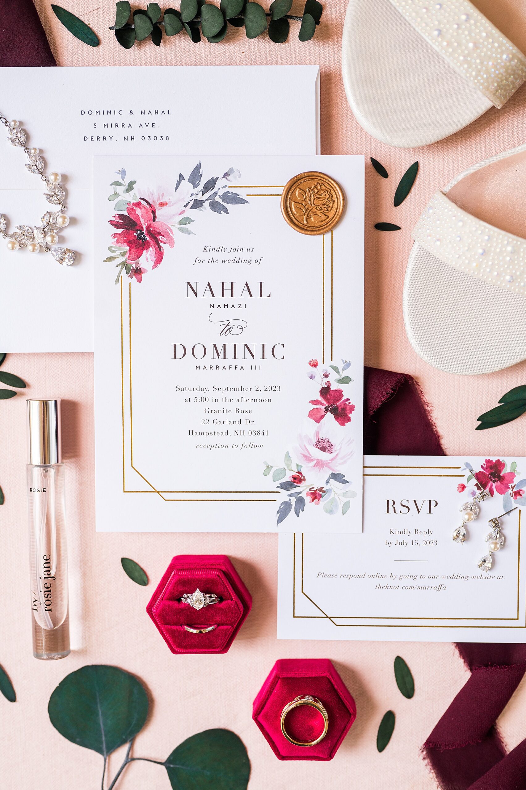 romantic flat lay details from Dreamy Wedding at Granite Rose