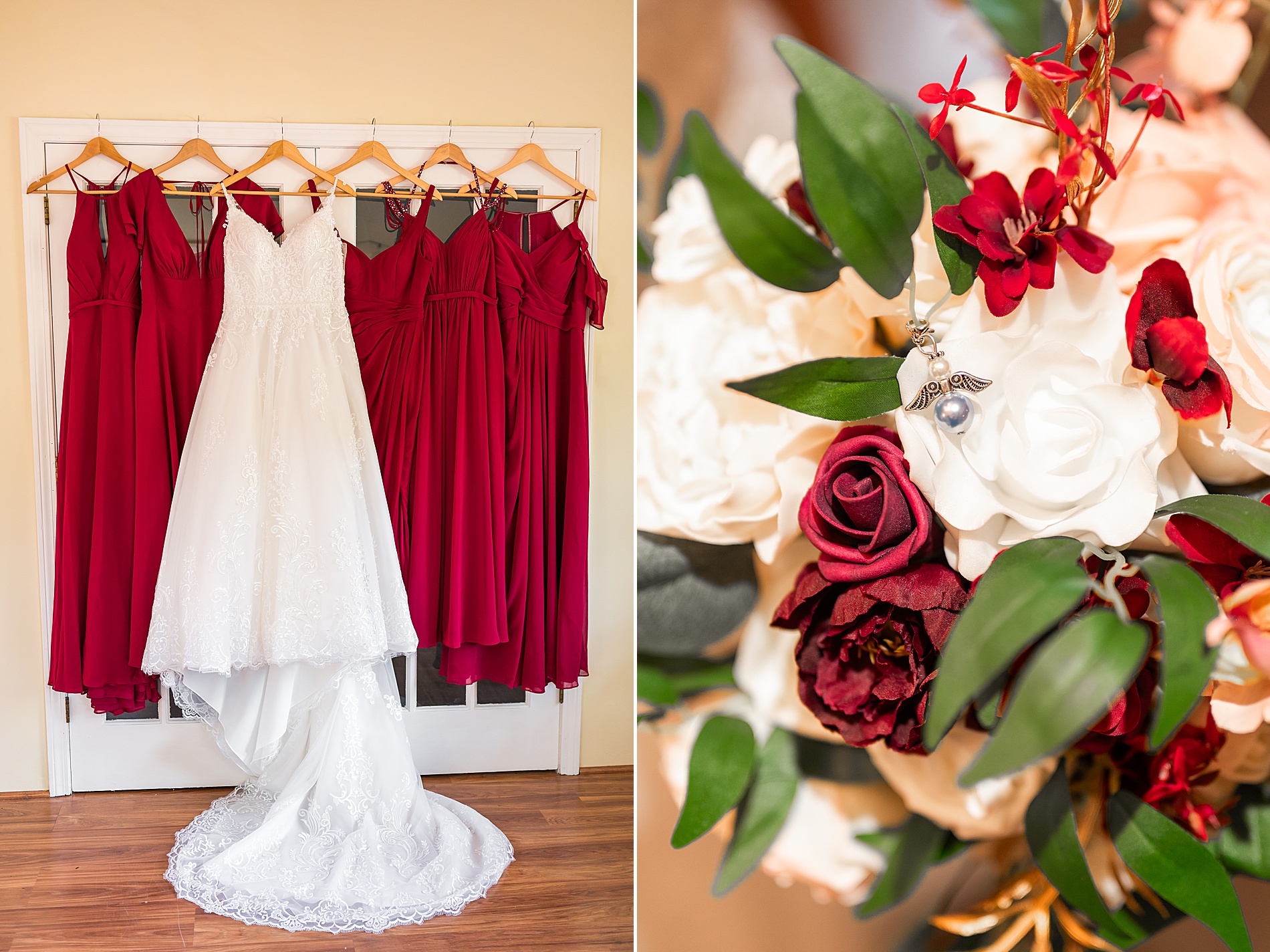 wedding dress and  burgundy bridesmaids dresses with romantic wedding bouquet 
