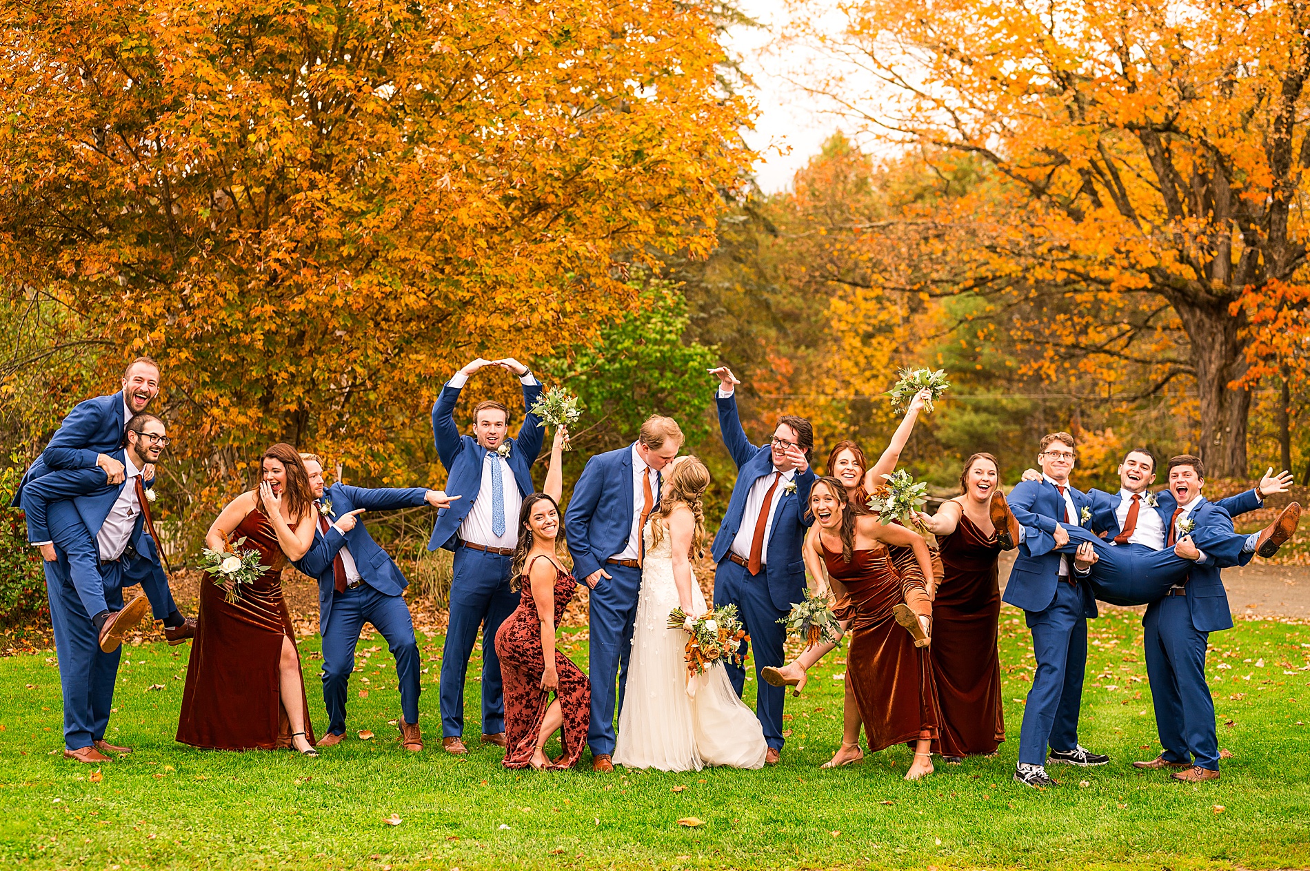 fun wedding party portraits from Enchanting Fall Wedding in Vermont at The Alerin Barn